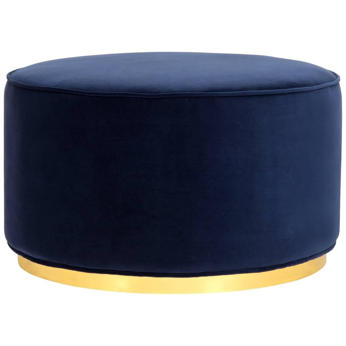 Modern Style Round Chubby Ottoman in Velvet with Polished Brass Toe Kick For Sale