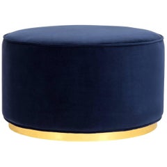 Modern Style Round Chubby Ottoman in Velvet with Polished Brass Toe Kick