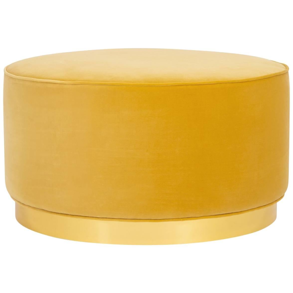Modern Style Round Chubby Ottoman in Velvet with Polished Brass Toe Kick For Sale