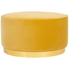 Modern Style Round Chubby Ottoman in Velvet with Polished Brass Toe Kick