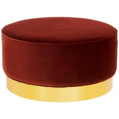 Modern Style Round Ottoman in Merlot Velvet with Polished Brass Toe Kick