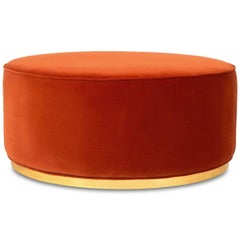 Modern Style Round Ottoman in Velvet with Polished Brass Toe Kick