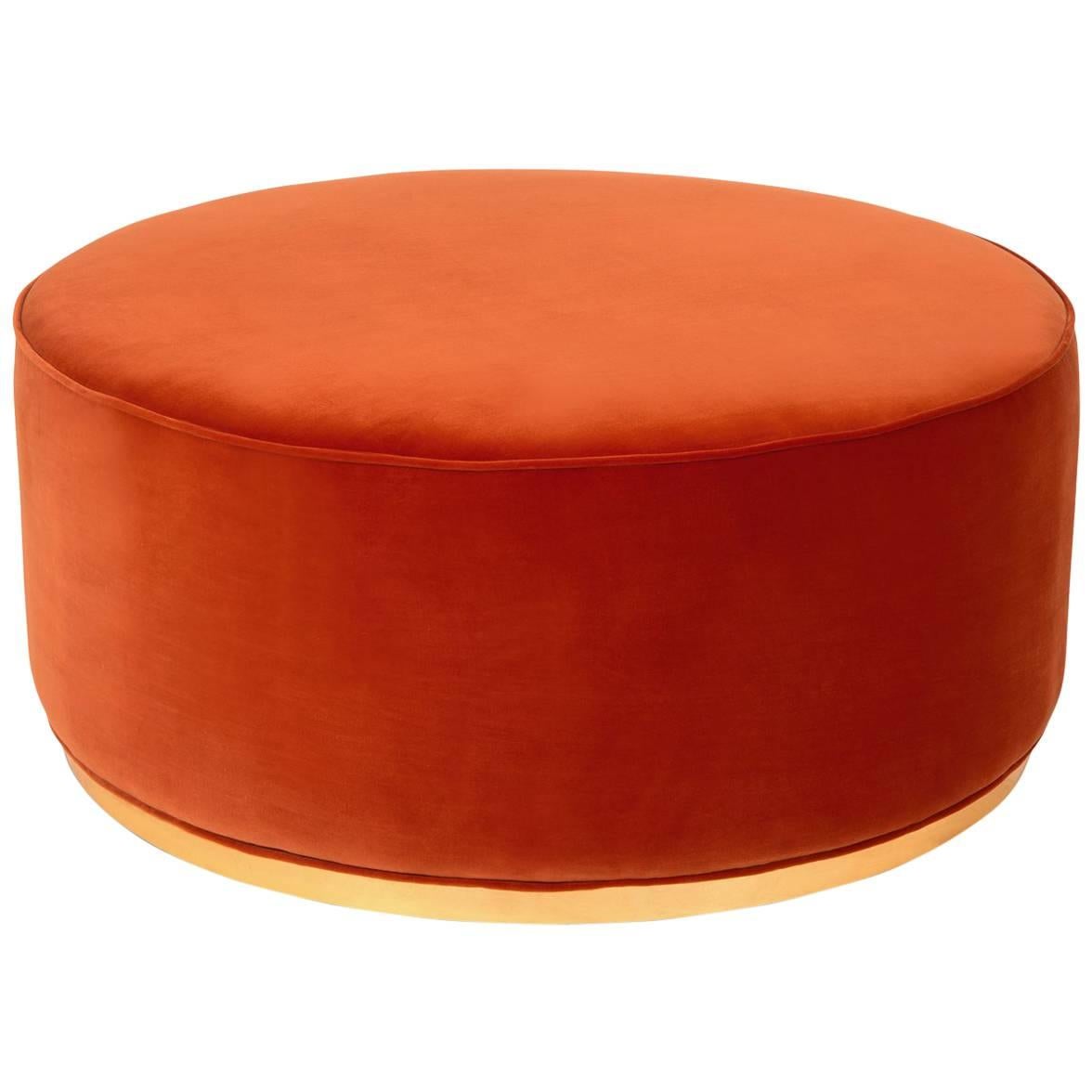 Modern Style Round Ottoman in Velvet with Polished Brass Toe Kick For Sale