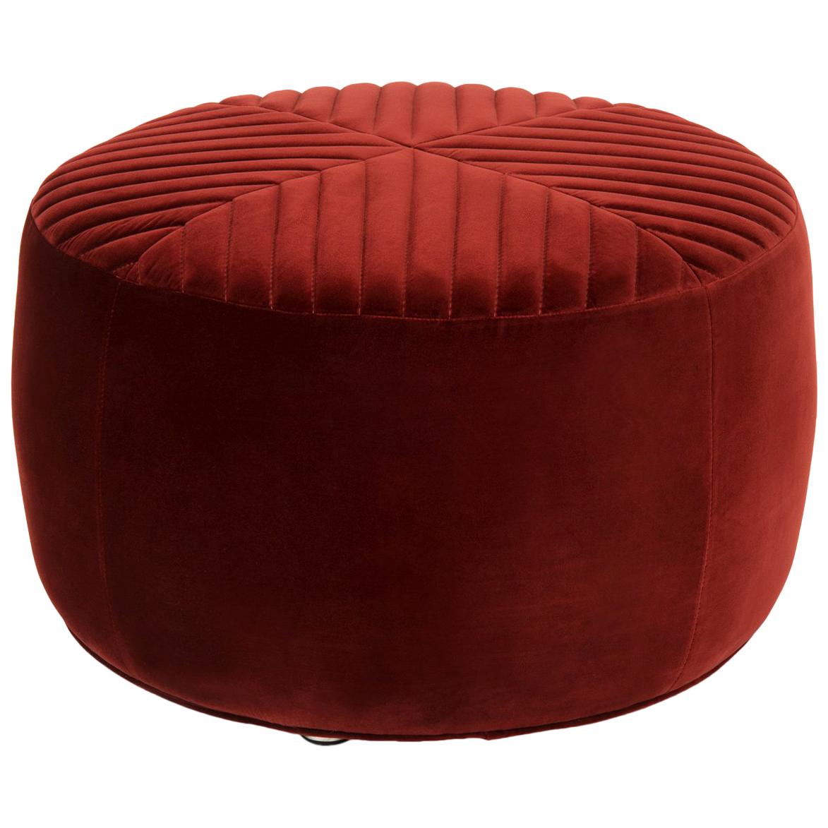 Modern Style Round Sicily Tufted Ottoman in Merlot Velvet and Chrome Feet For Sale