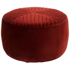 Modern Style Round Sicily Tufted Ottoman in Merlot Velvet and Chrome Feet