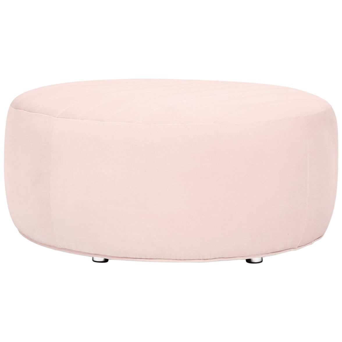 Modern Style Round Sicily Velvet Ottoman with Chrome Feet in Blush Pink For Sale