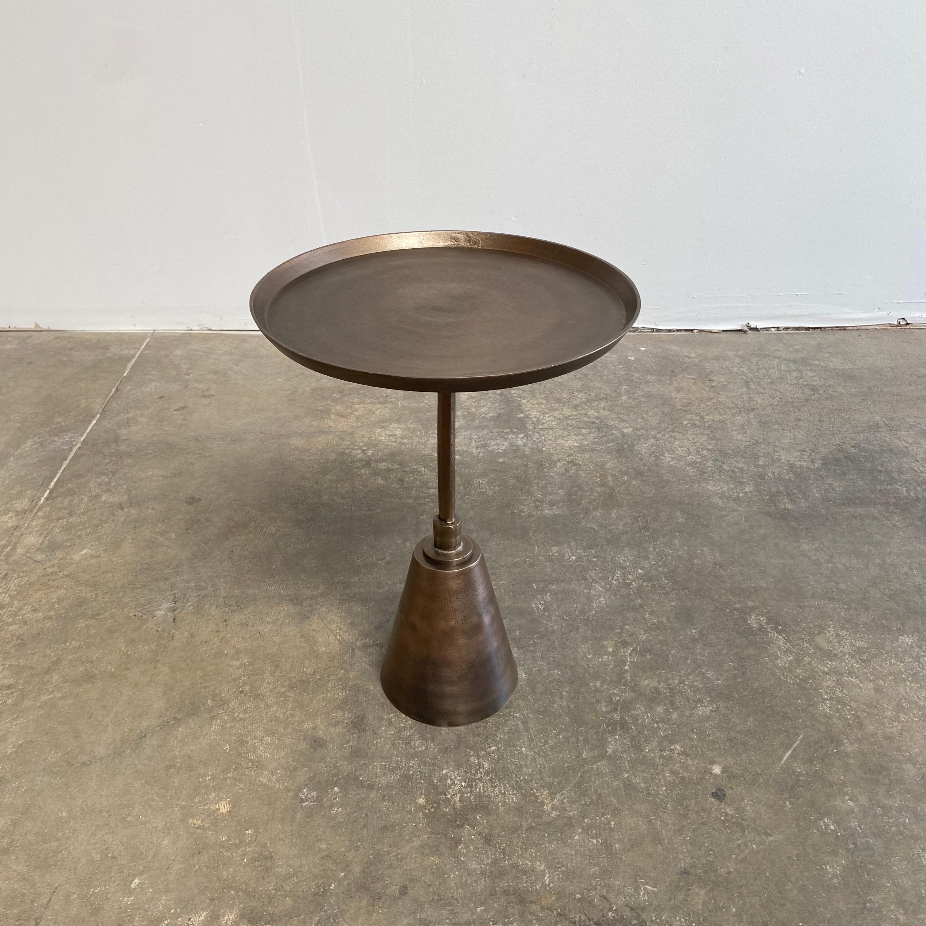 Small side table 16” RD. X 22” H.
Finish is in an antique aged brass color, very sturdy, ready to use as a side table, drink table or anywhere in the home. Please contact for lead times.
 