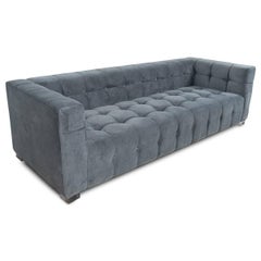 Modern Style Sofa in Charcoal Velvet with Biscuit Tufting and Lucite Block Legs