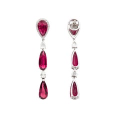 Modern Style Tiered Pear-Cut Rubellite & Diamond Drop Earrings in 18K White Gold