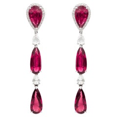 Modern Style Tiered Pear-Cut Rubellite & Diamond Drop Earrings in 18K White Gold