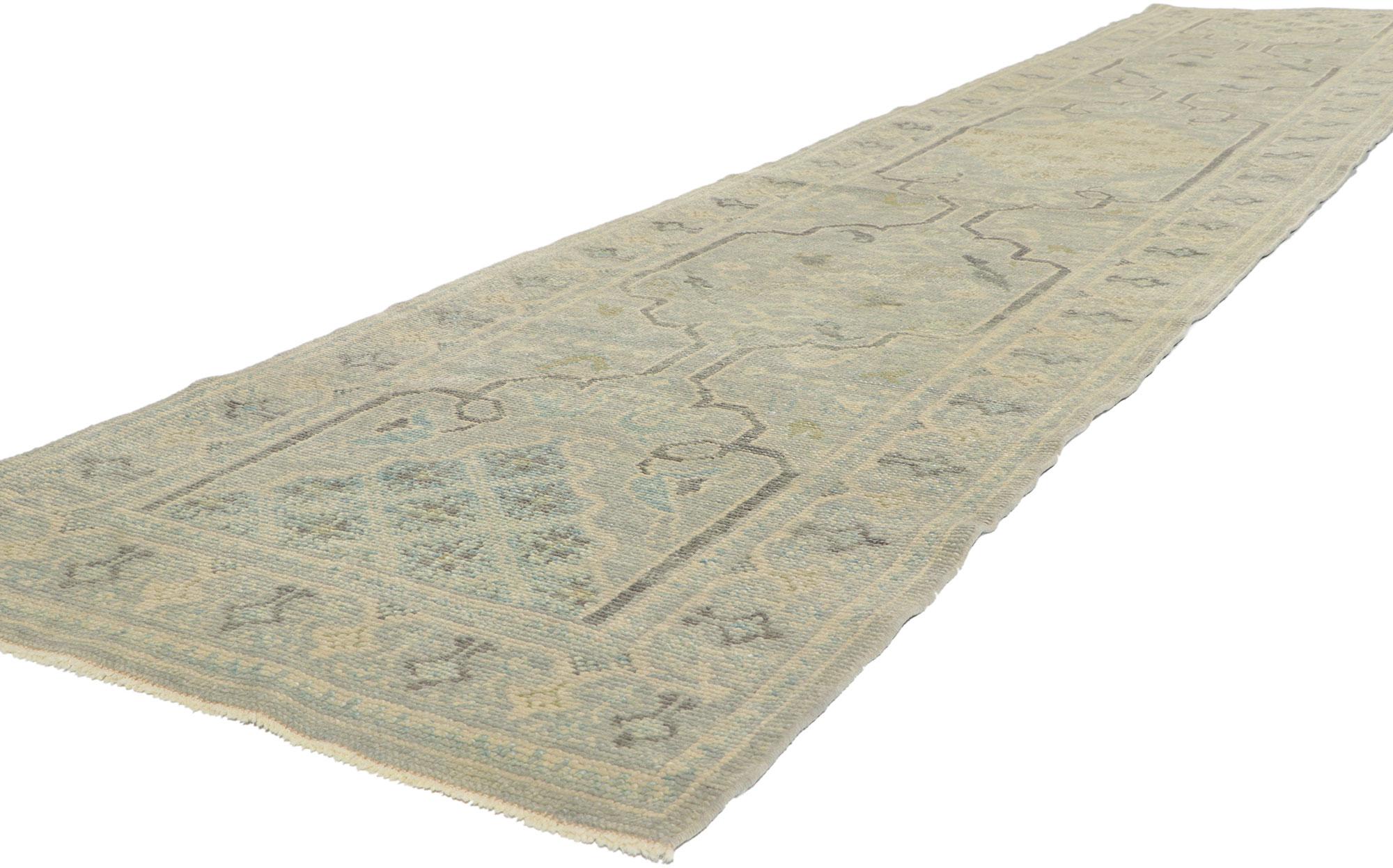 53789 New Contemporary Turkish Oushak Hallway Runner with Modern Style 03'01 x 14'04. This hand-knotted wool contemporary Turkish Oushak runner features an all-over mosaic style pattern composed of geometric botanical motifs spread across the baby