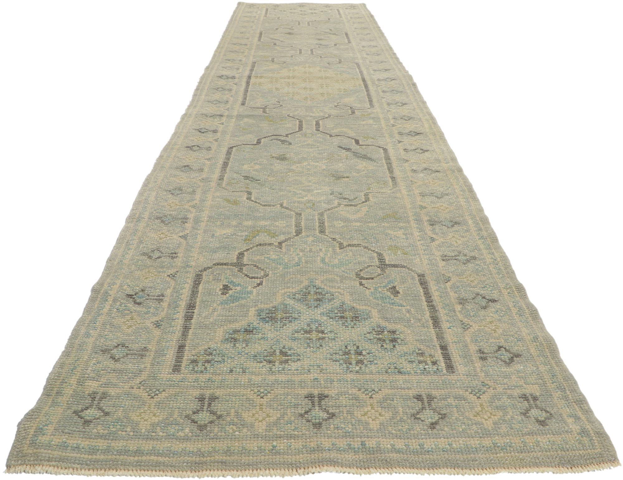 Hand-Knotted Modern Style Turkish Oushak Hallway Runner For Sale