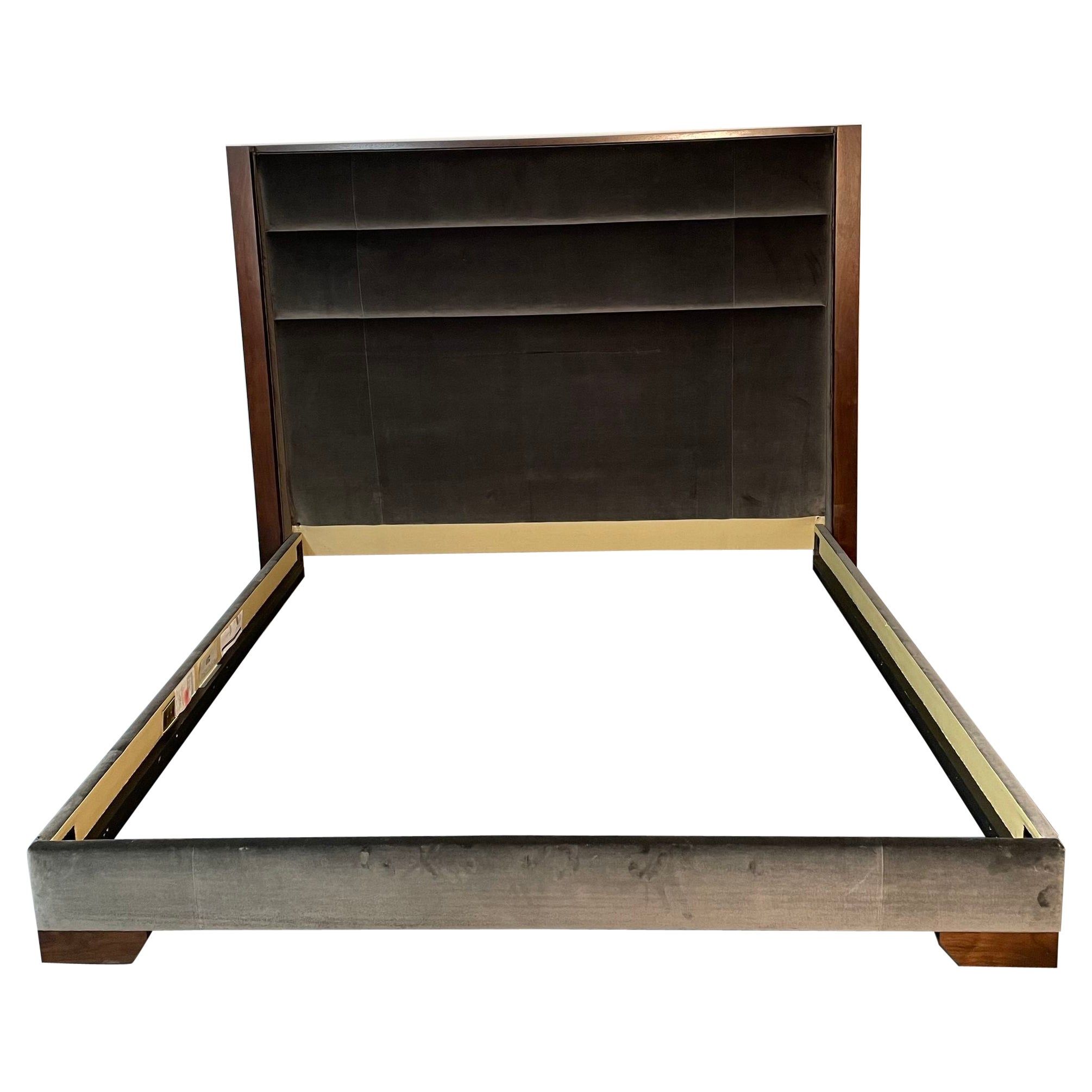 Modern Style Upholstered King Size Low Profile Bed Frame, Walnut, Thom Filicia