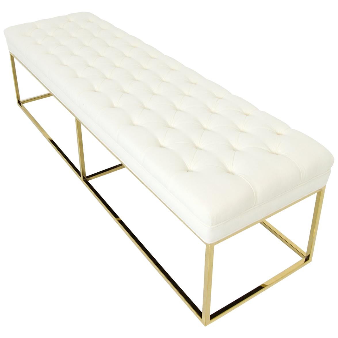 Modern Style Velvet Tufted Ottoman Bench with Polished Brass Geometric Frames For Sale