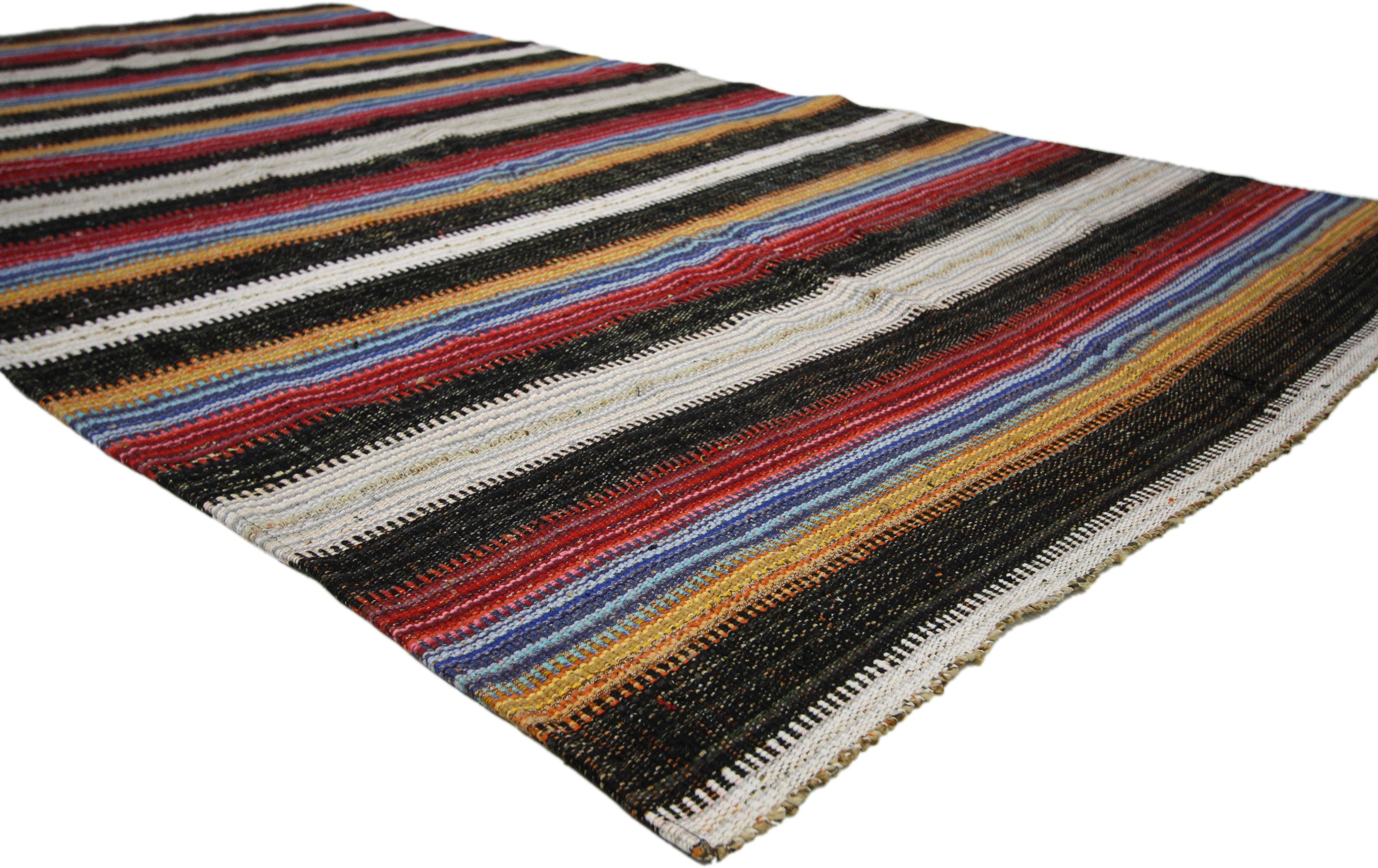 ​60677 Vintage Turkish Jajim Striped Kilim Area Rug with Modern American Colonial Style 04'09 x 08'10. ​This handwoven wool vintage Turkish Kilim Jajim Kilim rug features a variety of colorful stripes composed of both wide and narrow bands forming a
