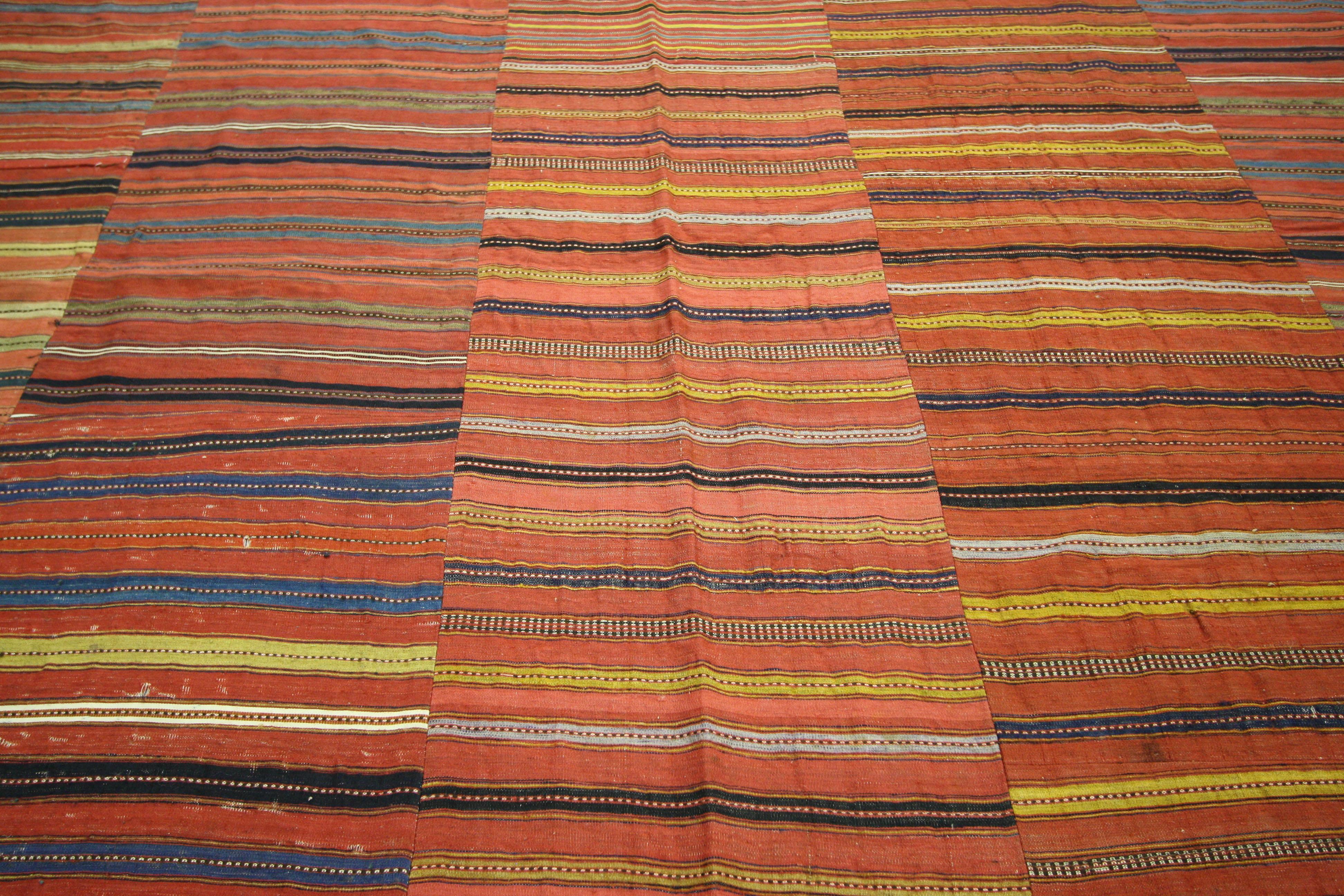 Industrial Distressed Vintage Turkish Kilim Rug with Bayadere Stripes and Rustic Style