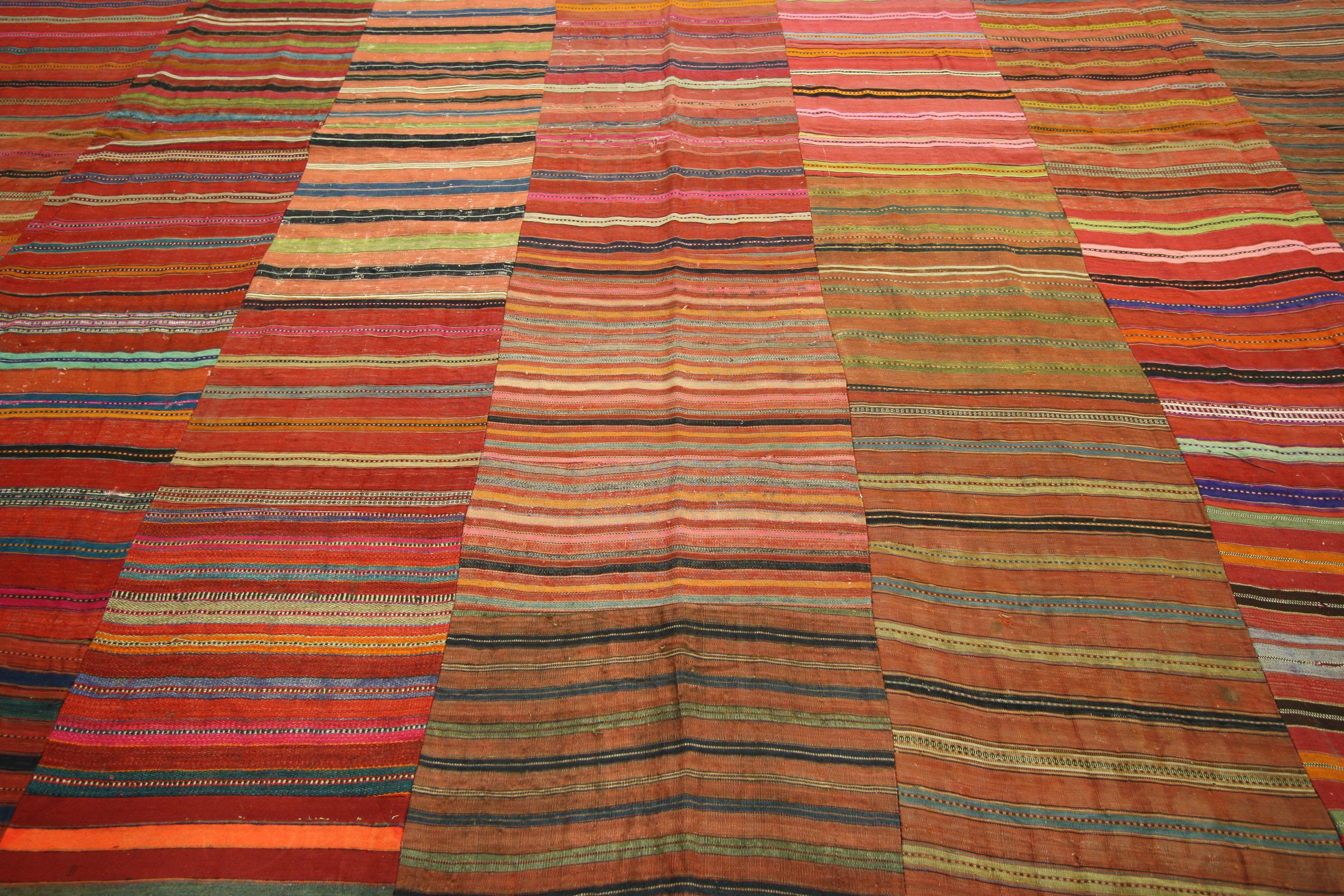 Hand-Woven Distressed Vintage Turkish Striped Kilim Rug with Modern Rustic Cabin Style  For Sale