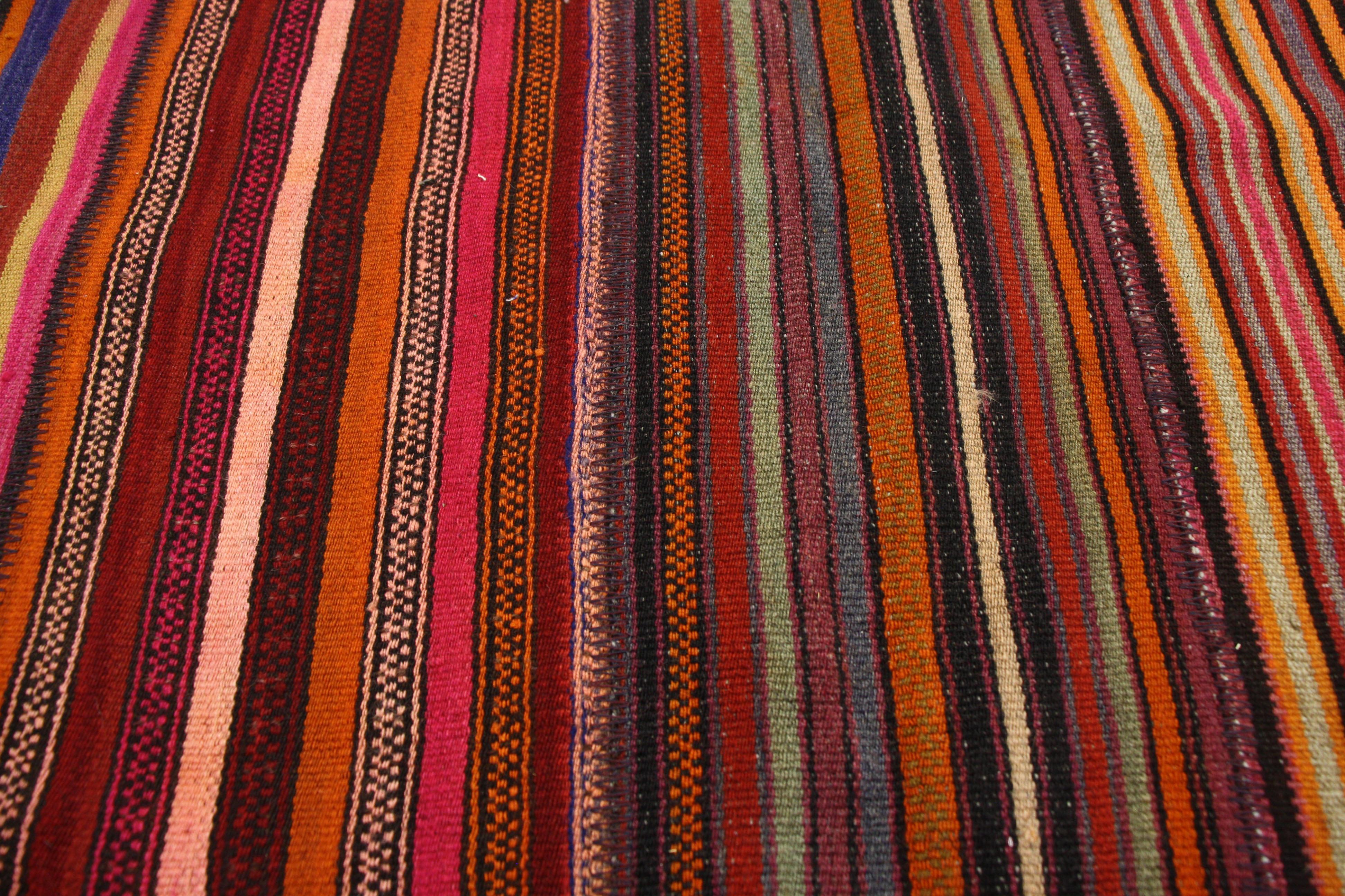 Hand-Woven Distressed Vintage Turkish Striped Kilim Rug with Modern Rustic Cabin Style For Sale