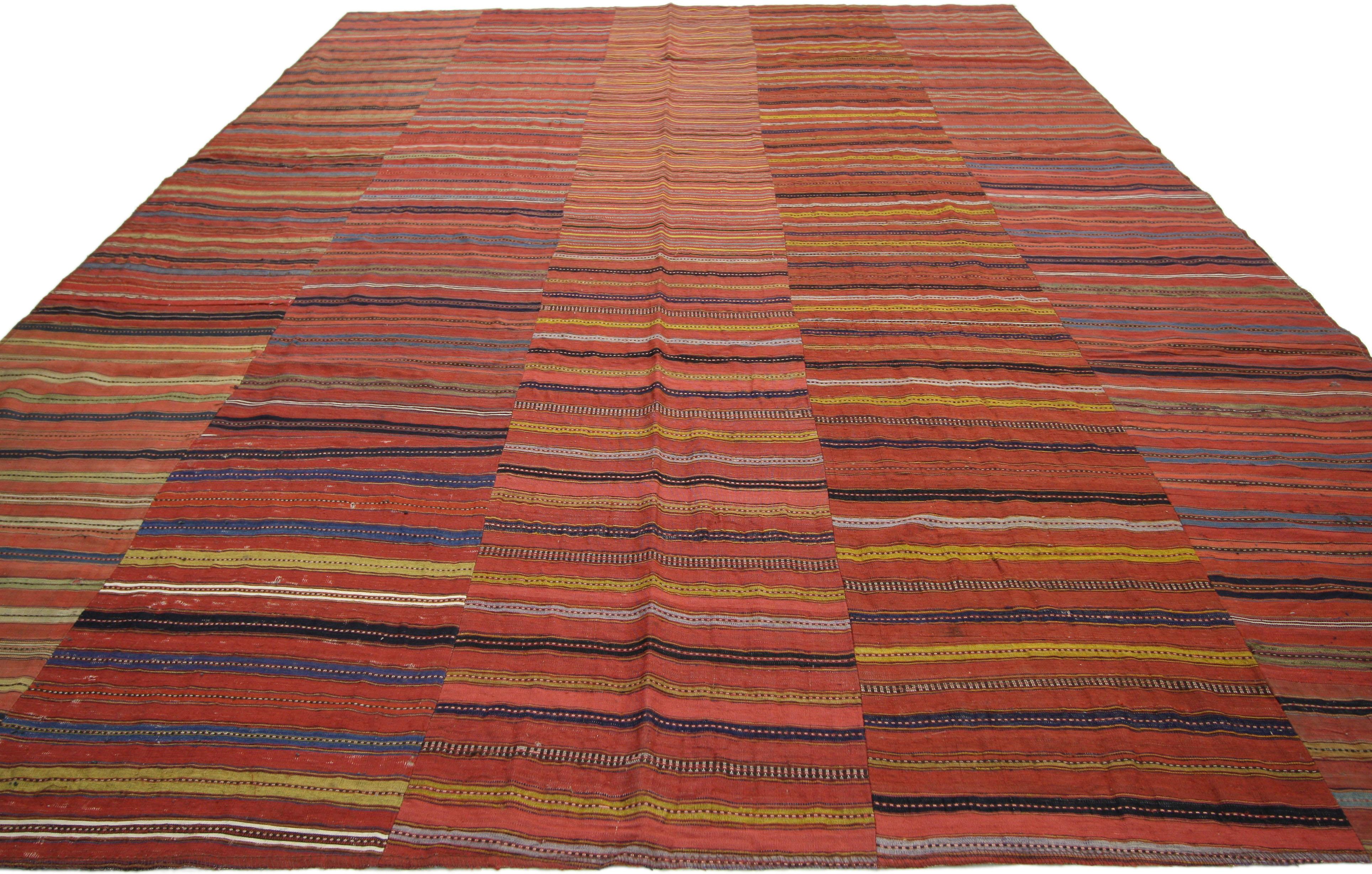 Hand-Woven Distressed Vintage Turkish Kilim Rug with Bayadere Stripes and Rustic Style