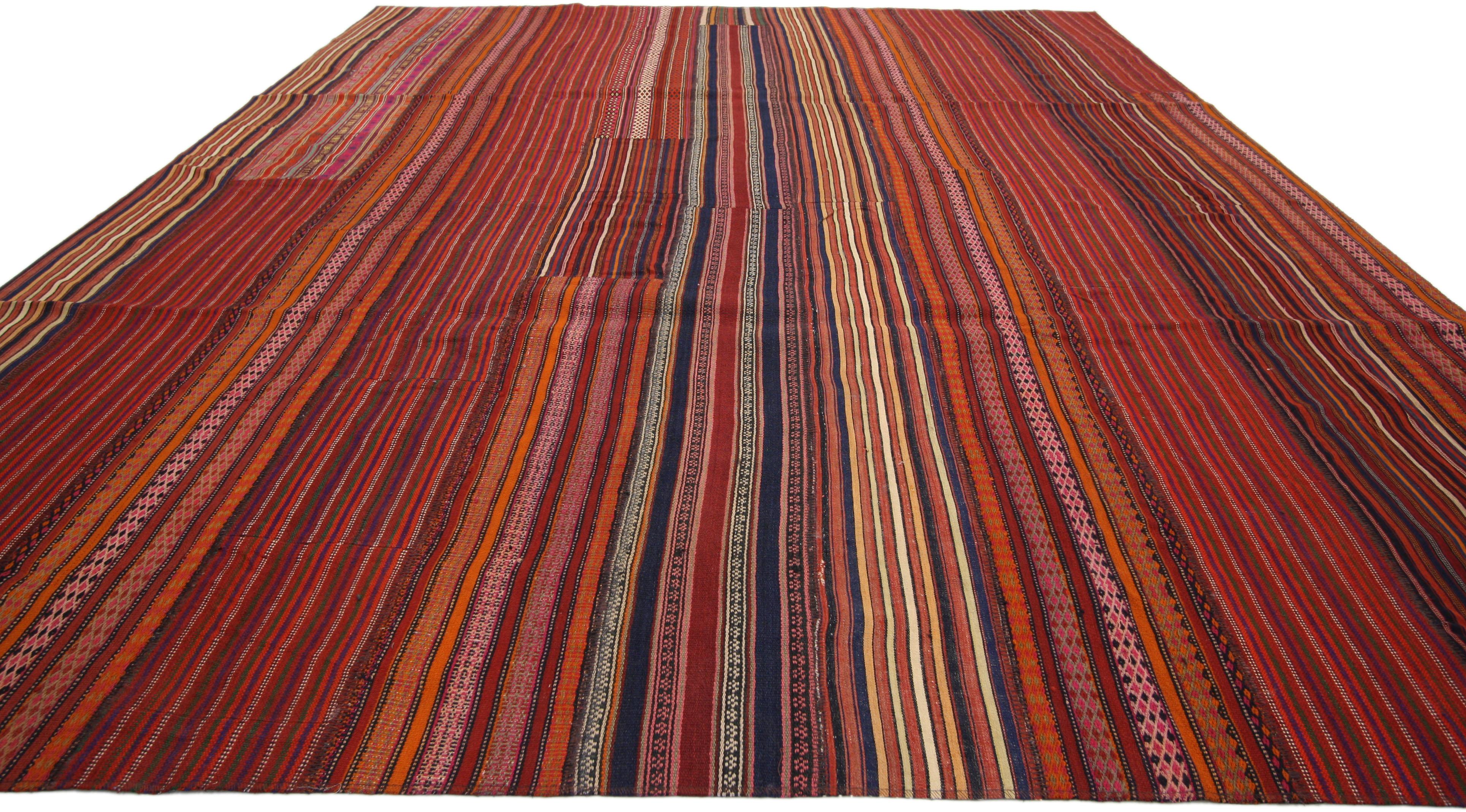 Hand-Woven Modern Venetian Vintage Turkish Jajim Kilim Flat-weave Rug, Striped Area Rug