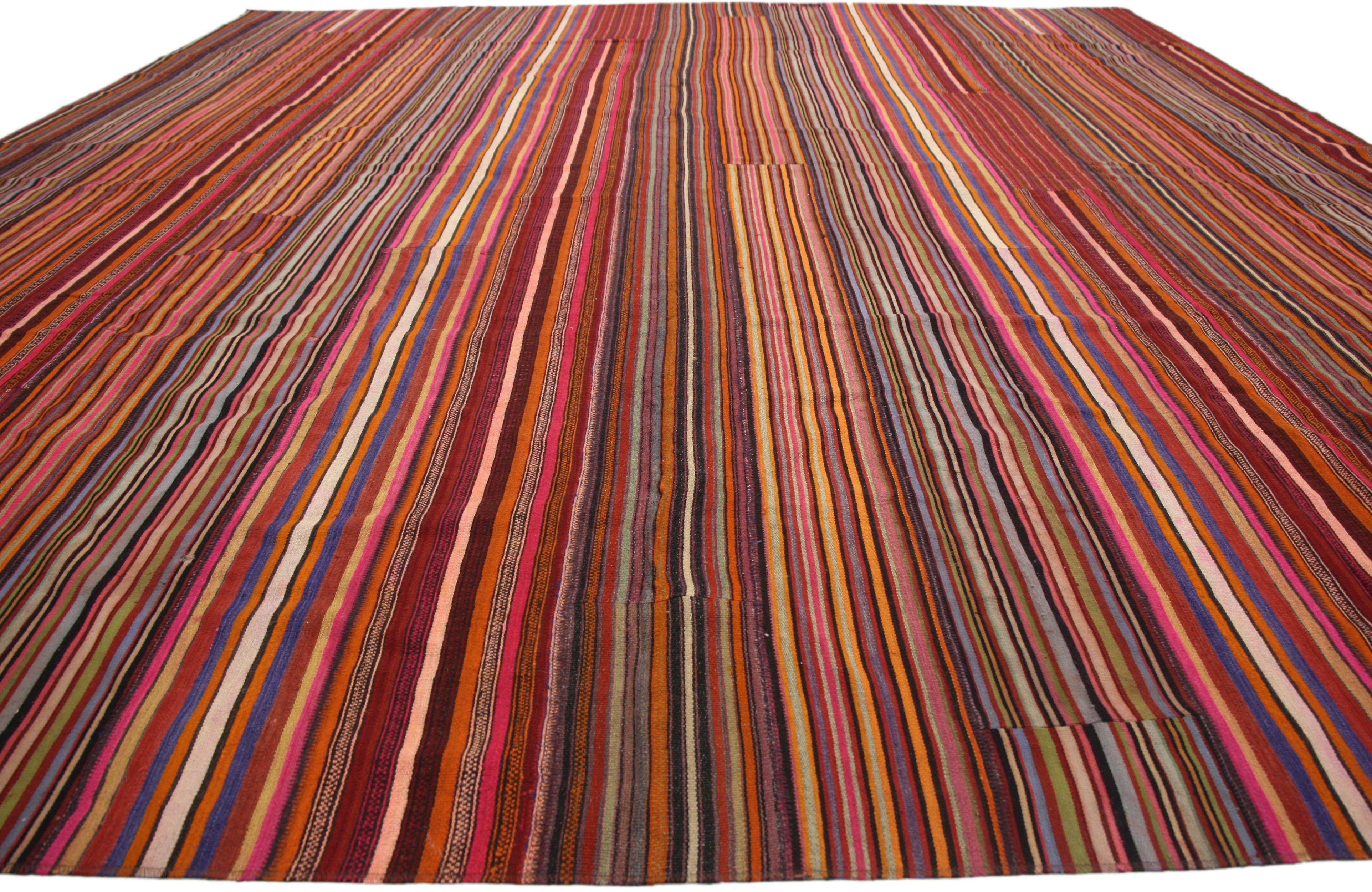 Distressed Vintage Turkish Striped Kilim Rug with Modern Rustic Cabin Style In Distressed Condition For Sale In Dallas, TX