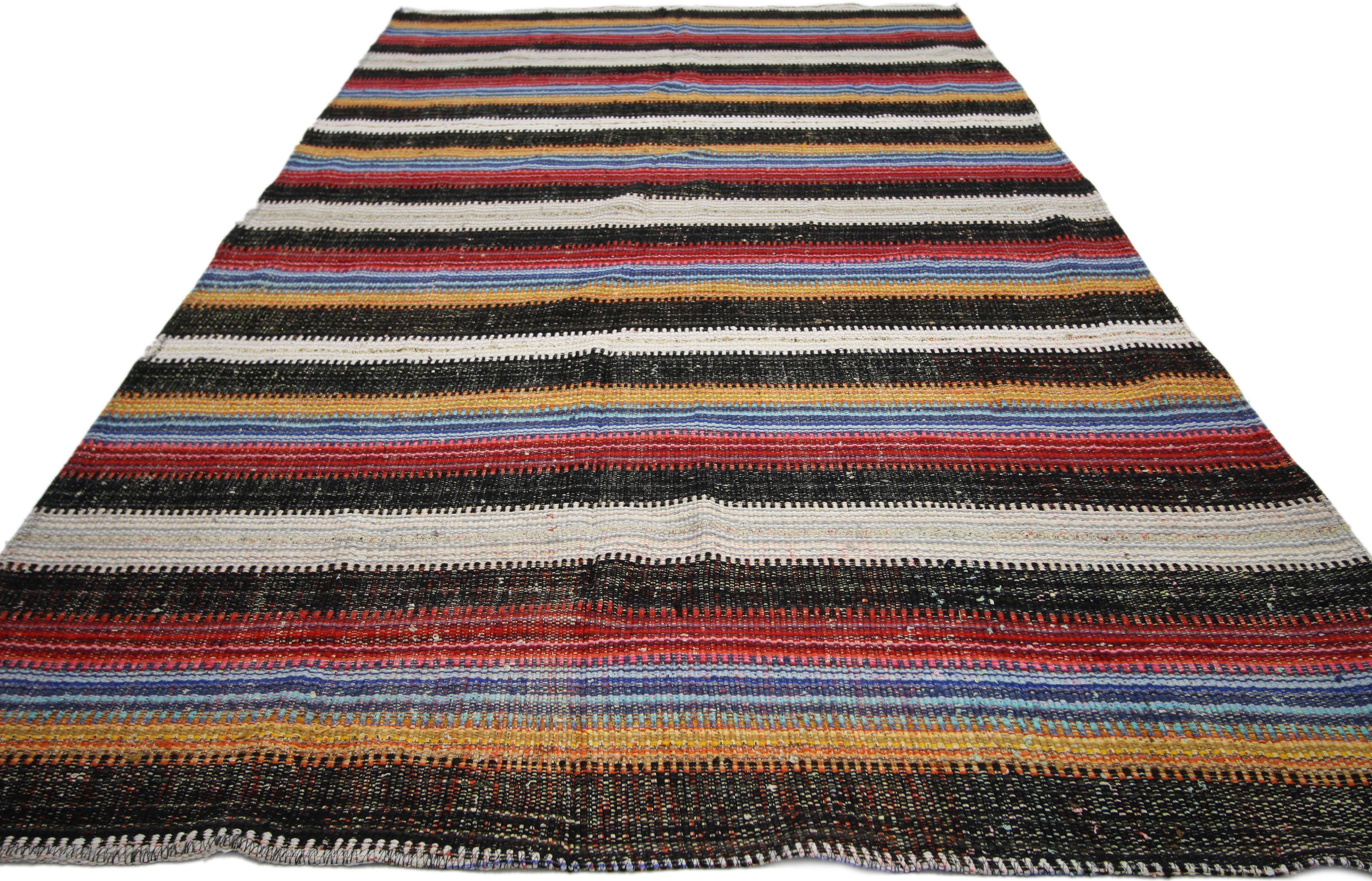 Hand-Woven Vintage Turkish Jajim Striped Kilim Area Rug with American Colonial Style