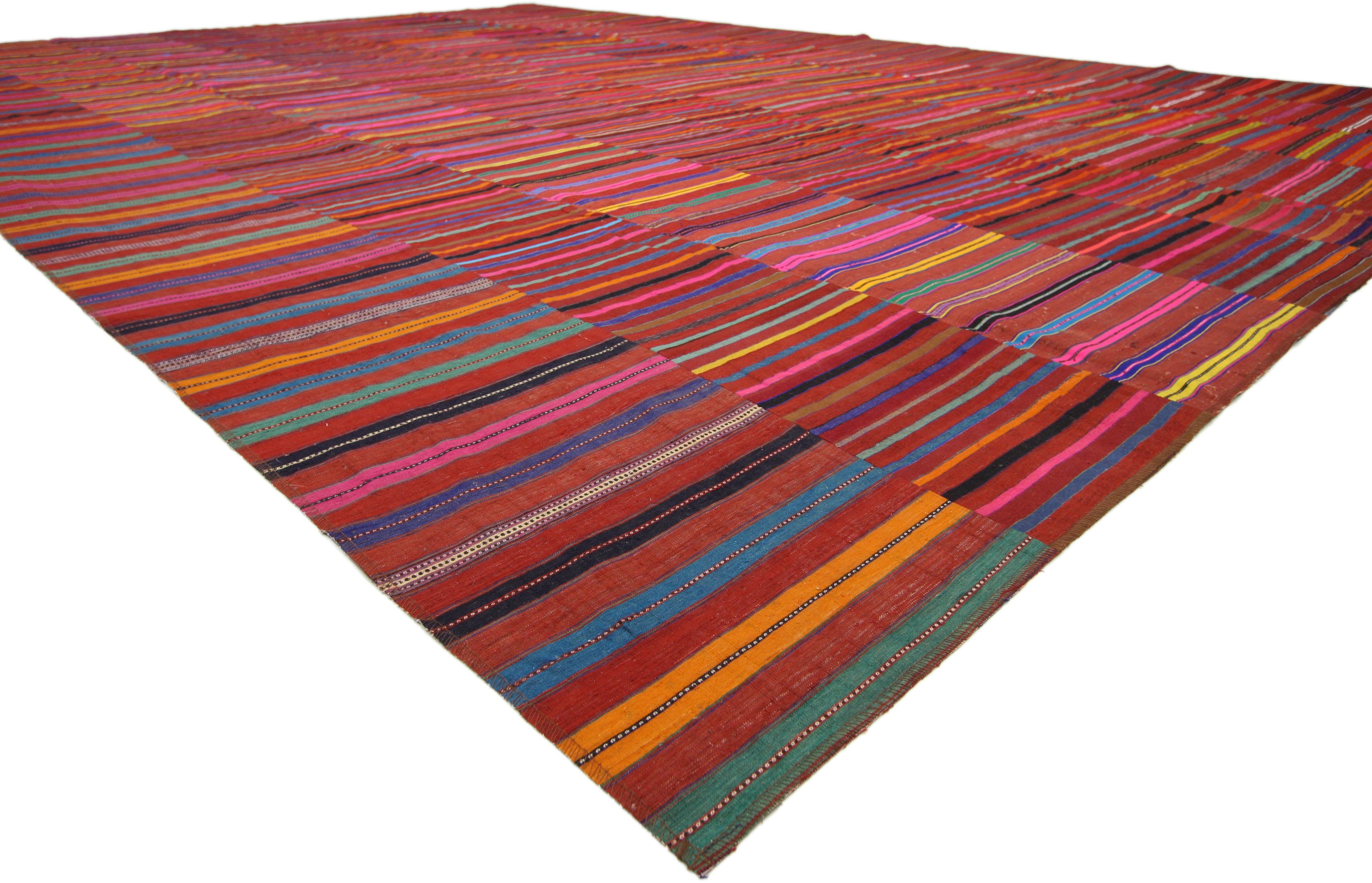 60641 Vintage Turkish Kilim Rug with Colorful Bayadere Stripes and Memphis Group Style, Striped Kilim Area Rug 11'04 x 16'02. This handwoven wool vintage Turkish Kilim Jajim Kilim rug features a variety of colorful stripes composed of both wide and