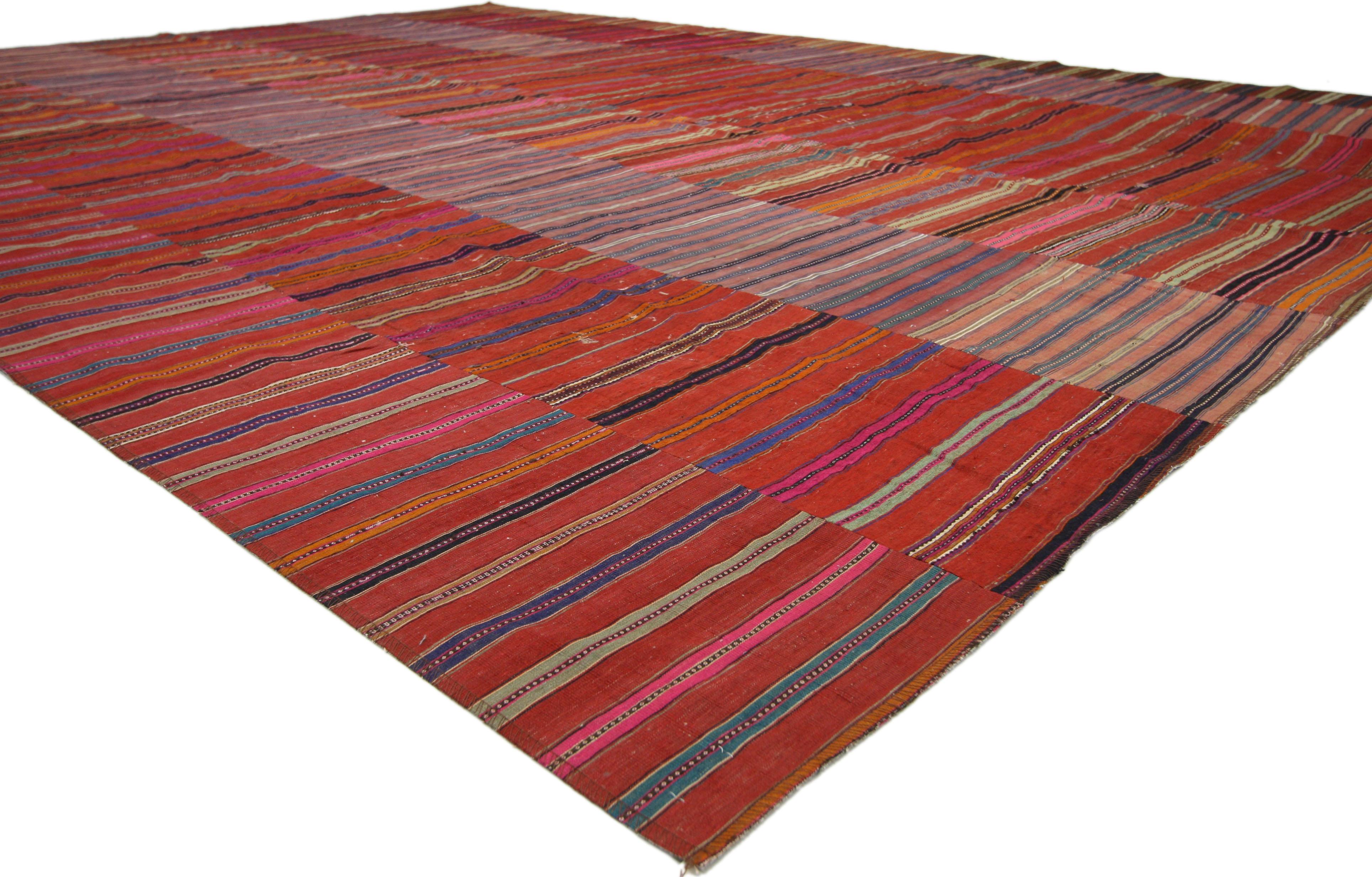 60640 Distressed Vintage Turkish Striped Kilim Rug with Modern Rustic Cabin Style 09'07 x 12'11. With its rustic sensibility and rugged beauty, this hand-woven wool vintage Turkish striped kilim rug manages to meld contemporary, modern, and