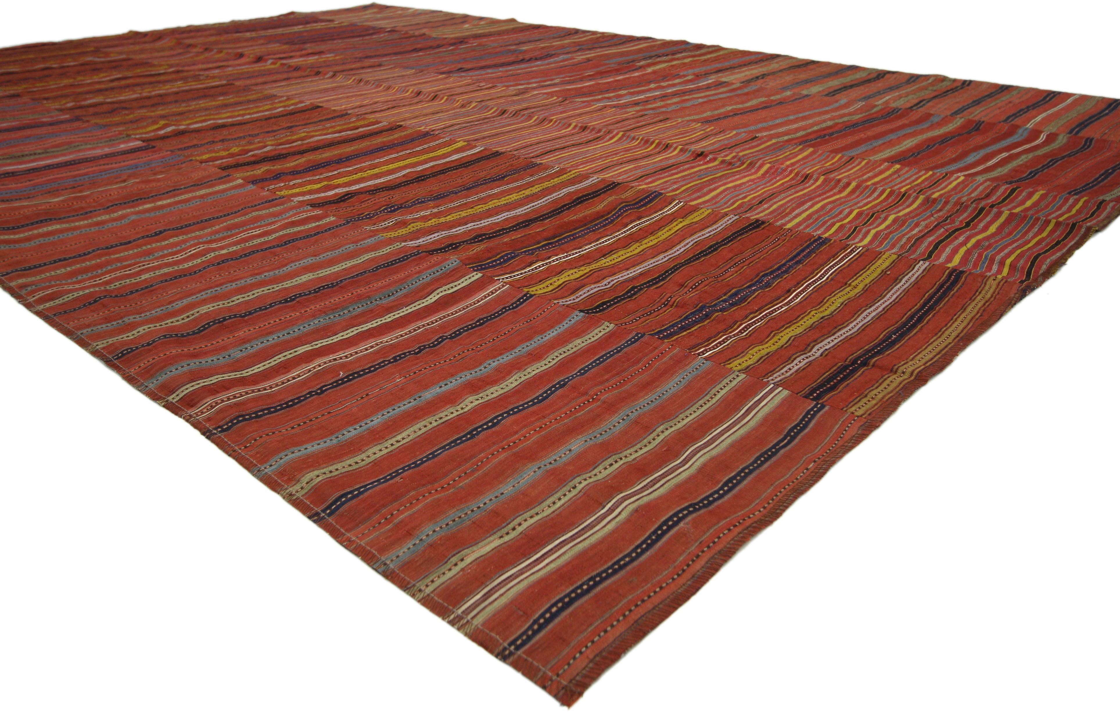60653 Distressed Vintage Turkish Kilim Rug with Bayadere Stripes and Rustic Style, Striped Kilim Area Rug. This hand-woven wool distressed vintage Turkish kilim Jajim kilim rug features a variety of colorful Bayadere stripes composed of both wide