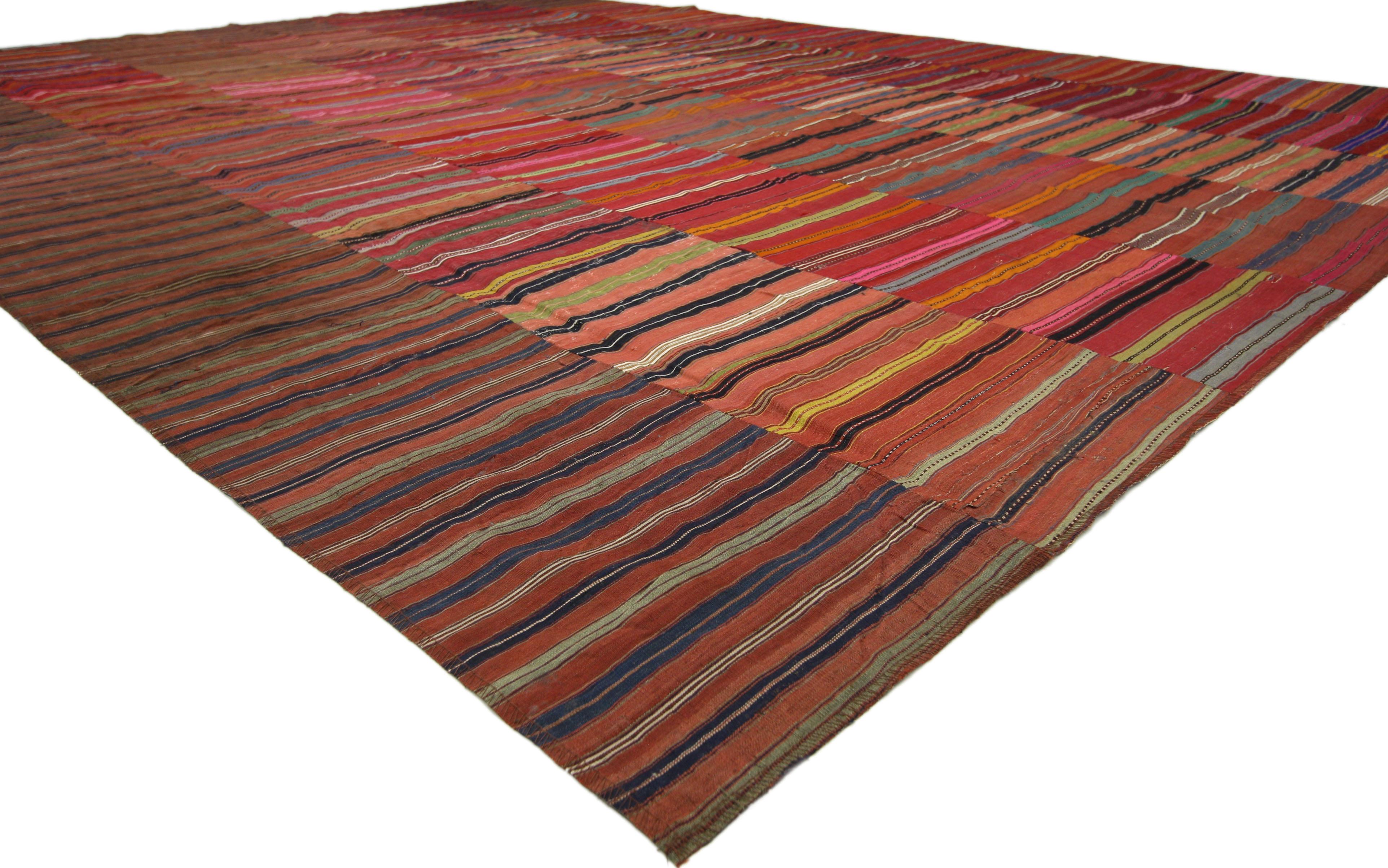 60646 Distressed Vintage Turkish Striped Kilim Rug with Modern Rustic Cabin Style 08'09 x 11'08. With its rustic sensibility and rugged beauty, this hand-woven wool vintage Turkish striped kilim rug manages to meld contemporary, modern, and
