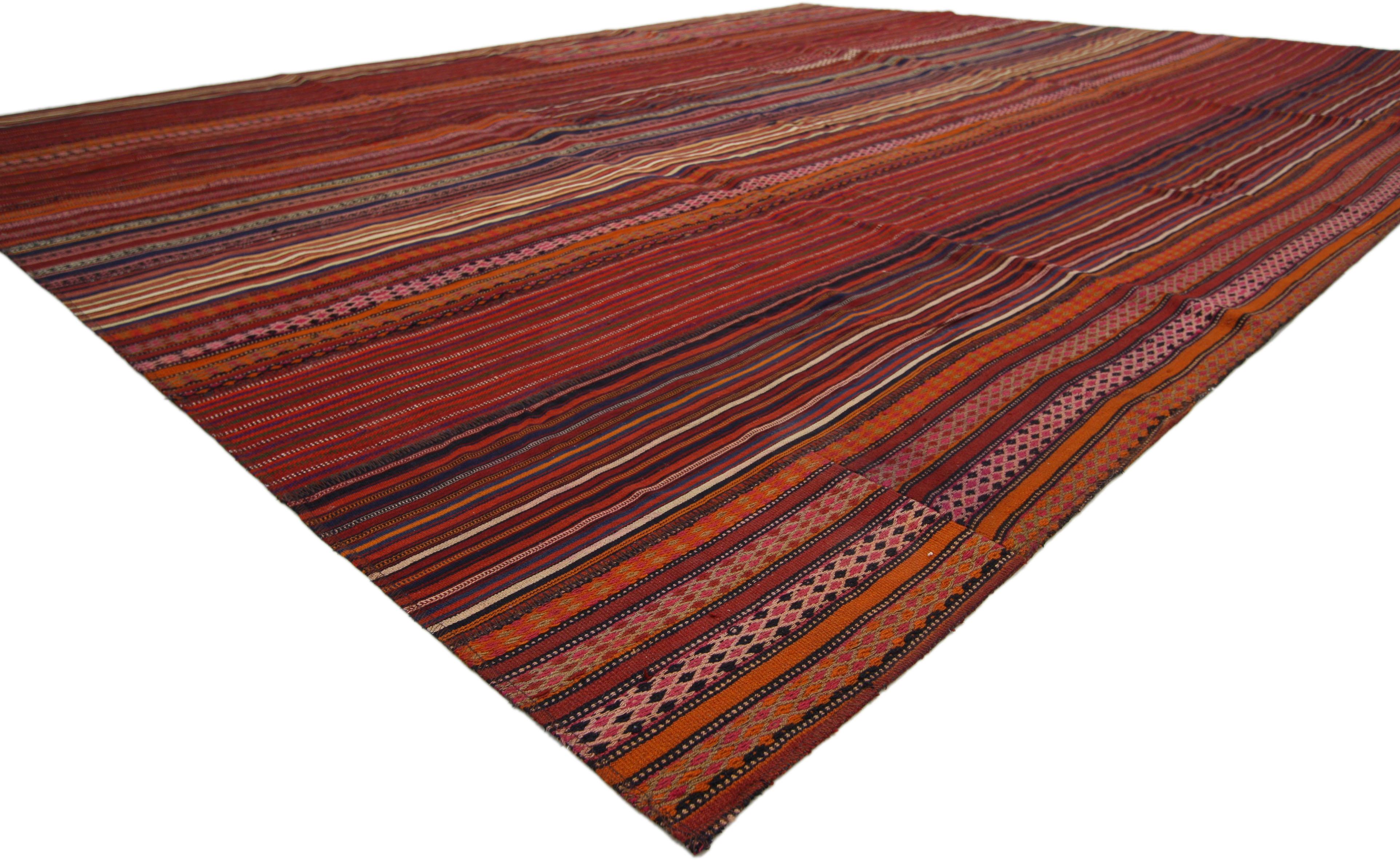 60808, modern style vintage Turkish Jajim Kilim flat-weave rug with colorful stripes. This handwoven wool vintage Turkish Kilim Jajim Kilim rug features a variety of colorful stripes composed of both wide and narrow bands forming a captivating