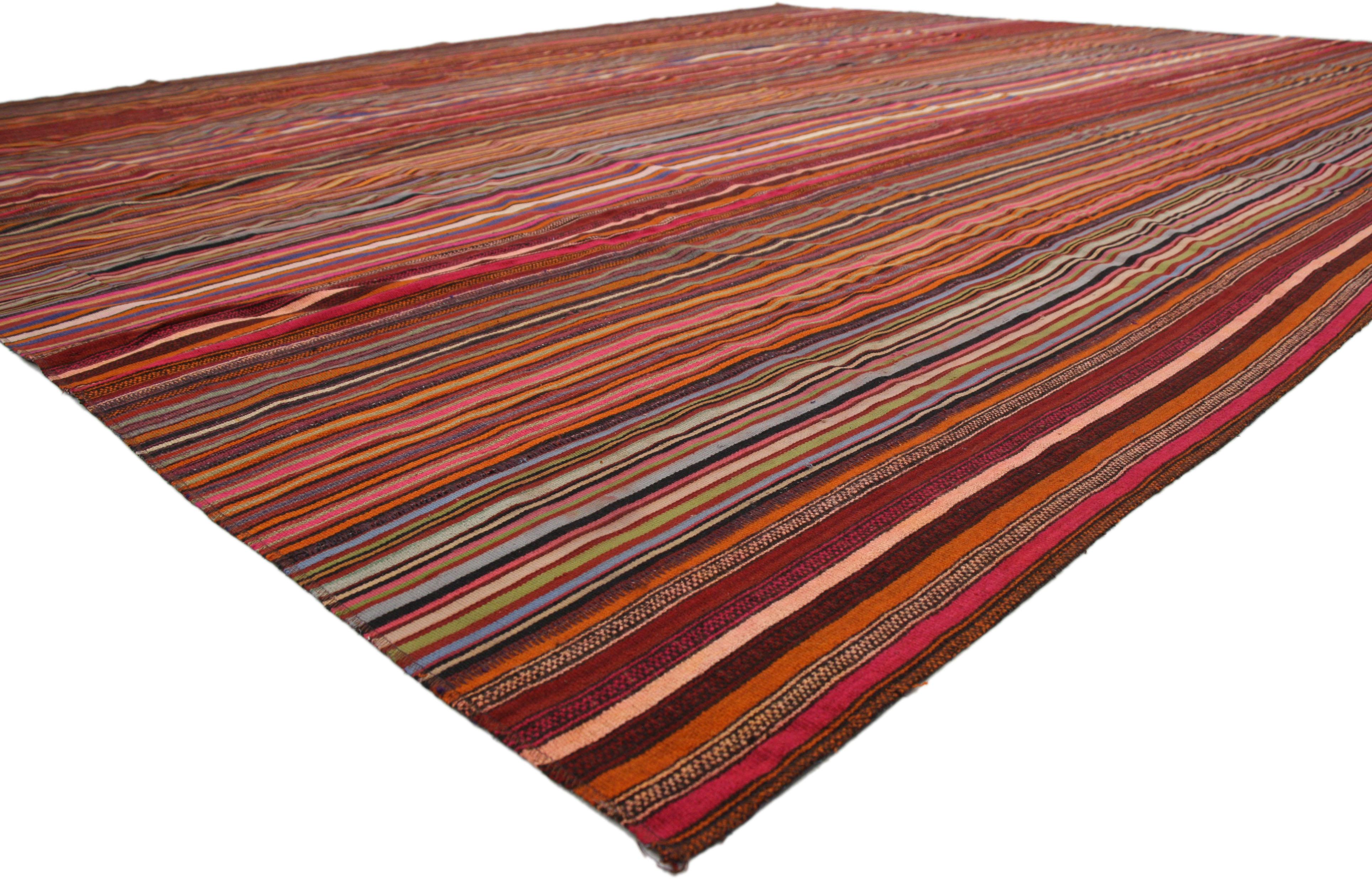 60807 Distressed Vintage Turkish Striped Kilim Rug with Modern Rustic Cabin Style 13'00 x 15'00. With its rustic sensibility and rugged beauty, this hand-woven wool vintage Turkish striped kilim rug manages to meld contemporary, modern, and