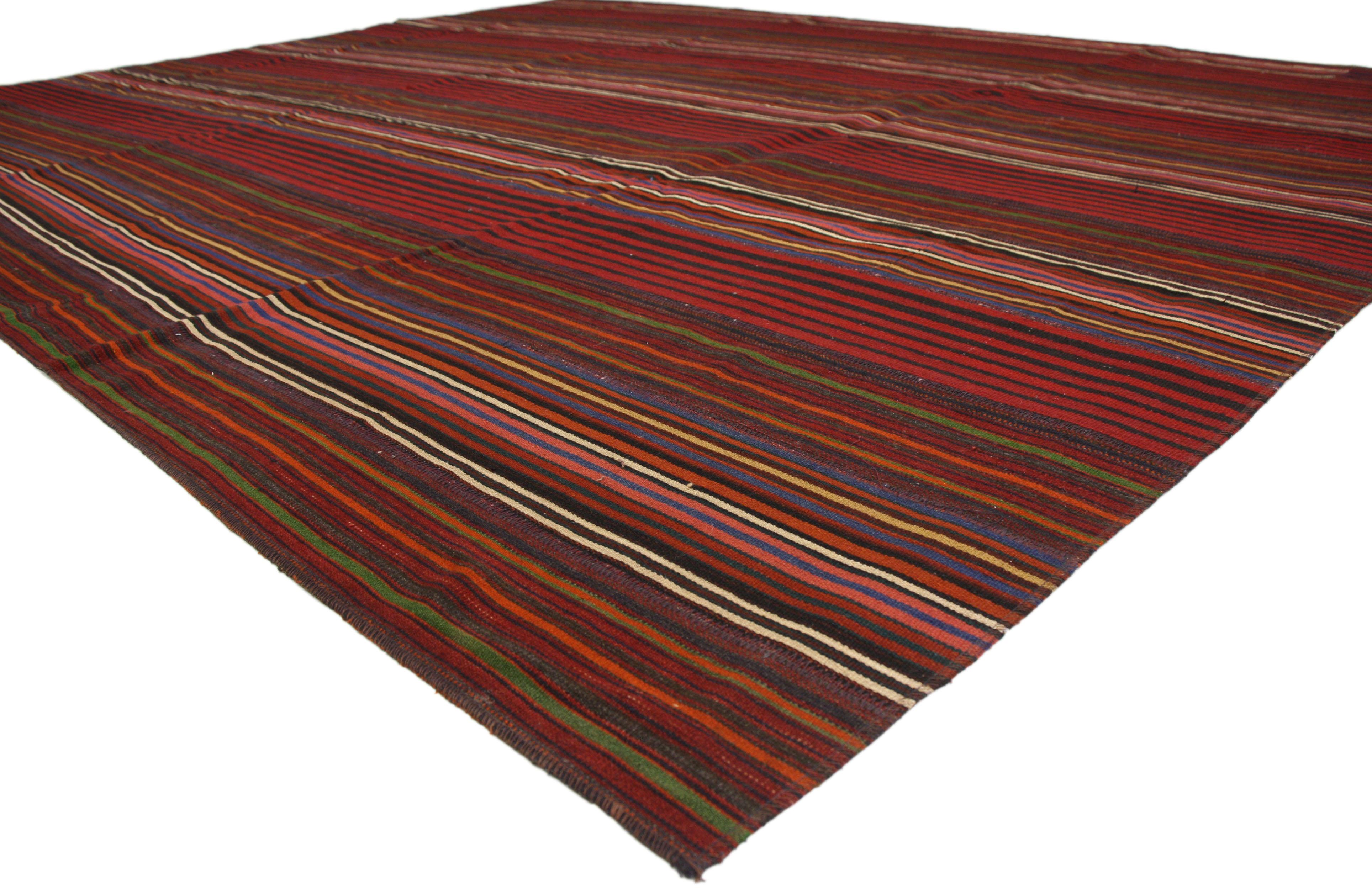 Hand-Woven Vintage Turkish Striped Kilim Rug with Modern Rustic Cabin Style For Sale
