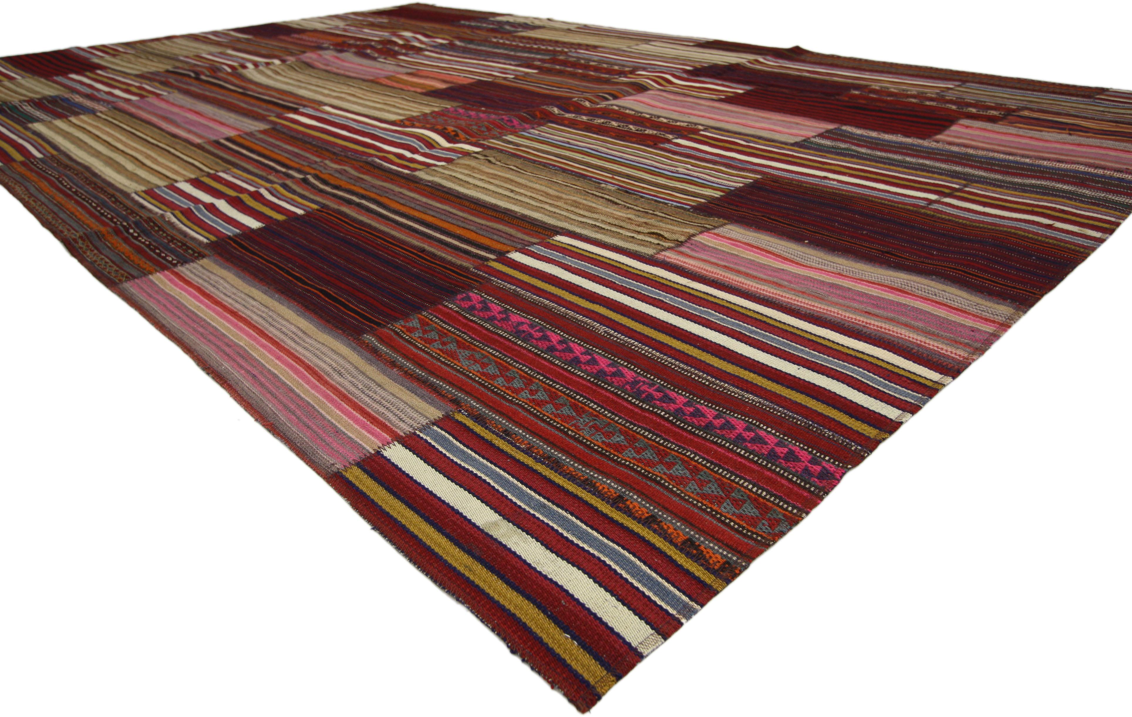 60792 Vintage Turkish Jajim Striped Kilim Rug with Modern Rustic Cabin Style 07'05 x 11'05. With its rustic sensibility and rugged beauty, this hand-woven wool vintage Turkish striped kilim rug manages to meld contemporary, modern, and traditional
