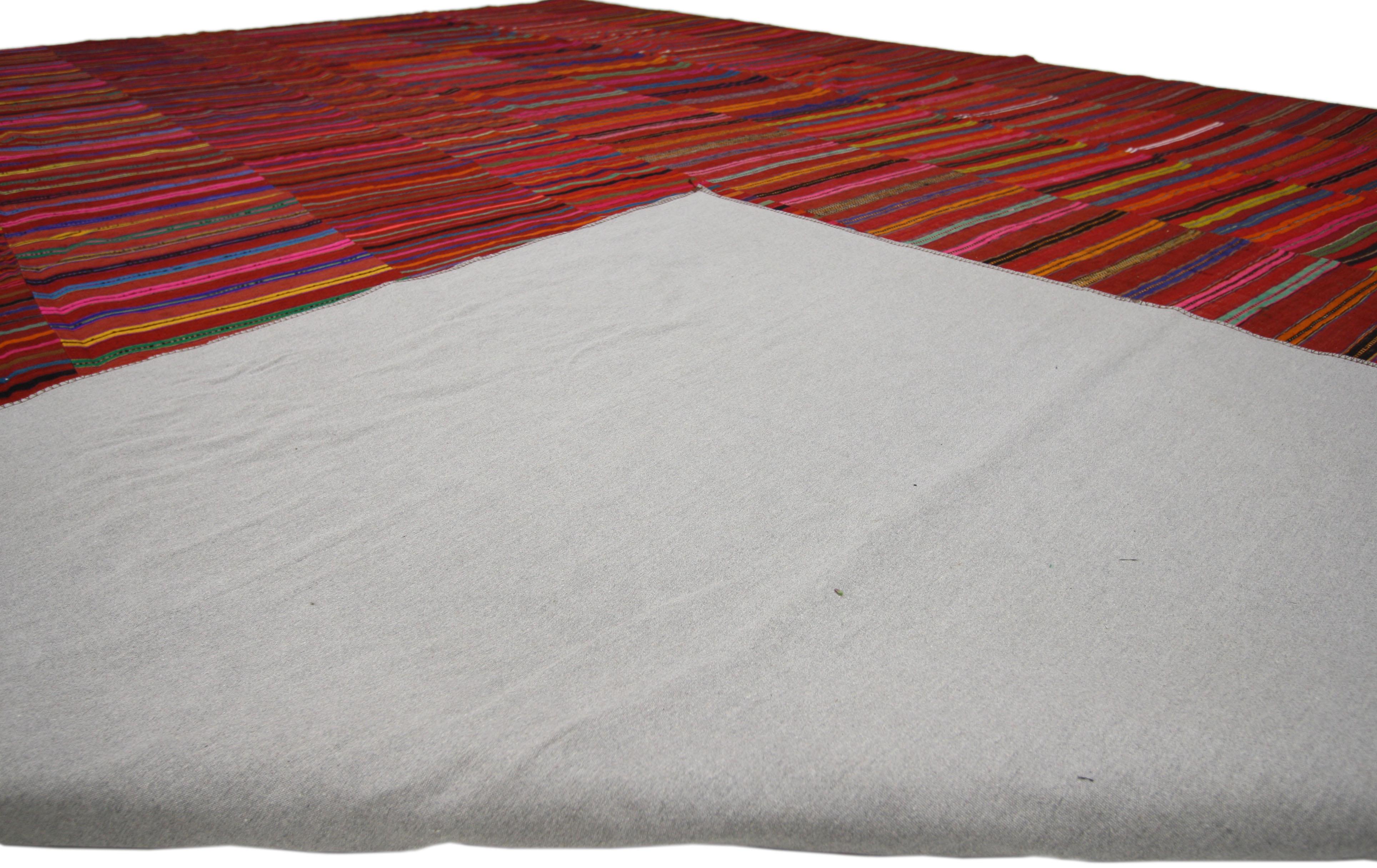 Hand-Woven Vintage Turkish Kilim Rug with Colorful Bayadere Stripes and Memphis Group Style