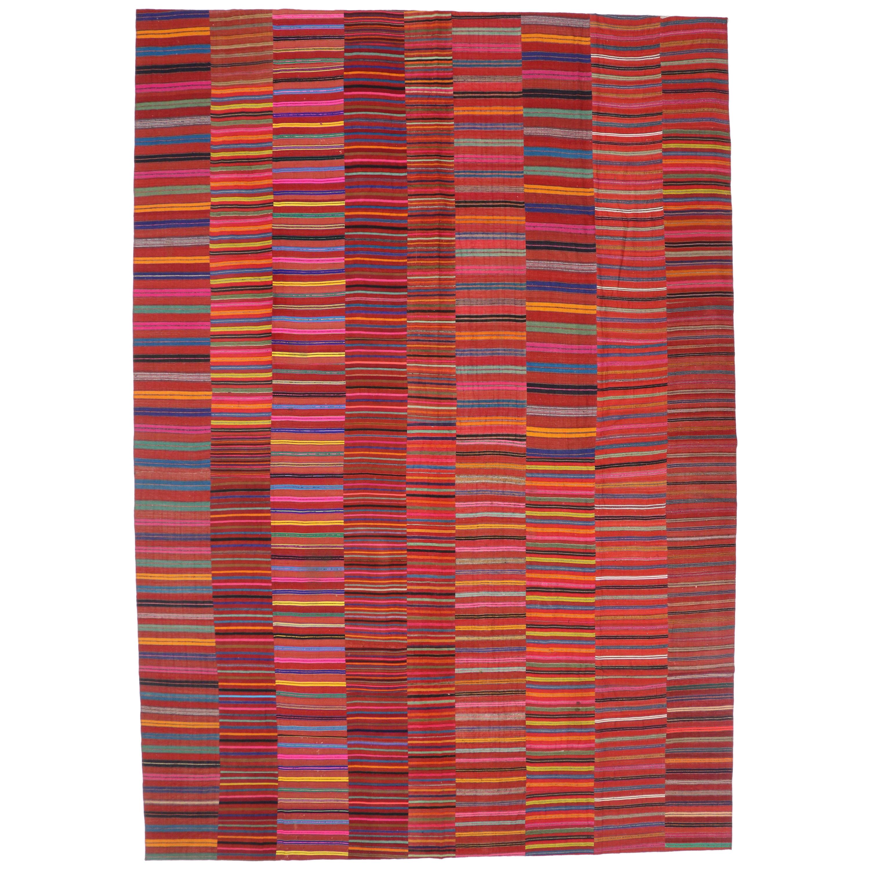 Vintage Turkish Kilim Rug with Colorful Bayadere Stripes and Memphis Group Style