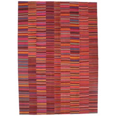 Vintage Turkish Kilim Rug with Colorful Bayadere Stripes and Memphis Group Style