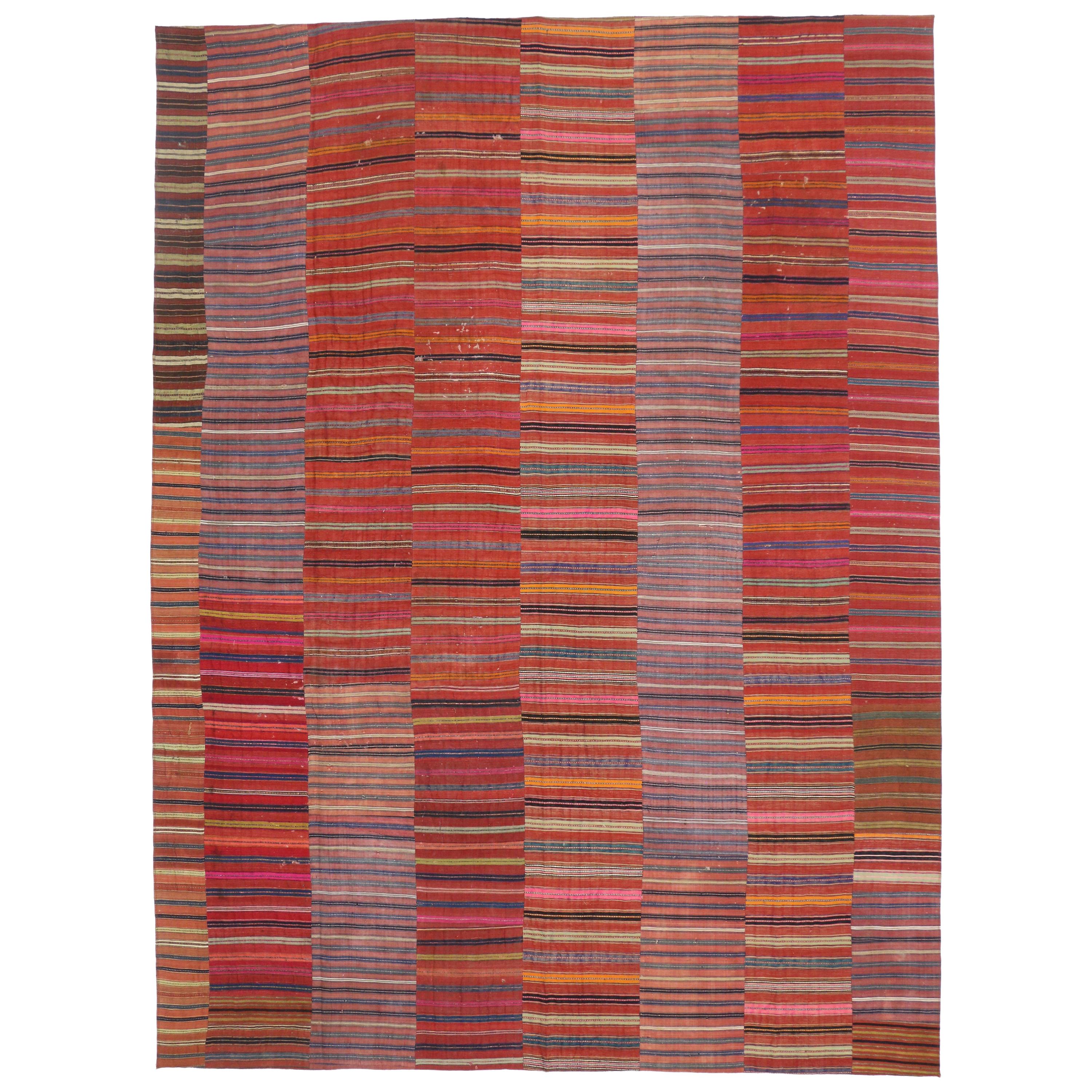 Distressed Vintage Turkish Striped Kilim Rug with Modern Rustic Cabin Style