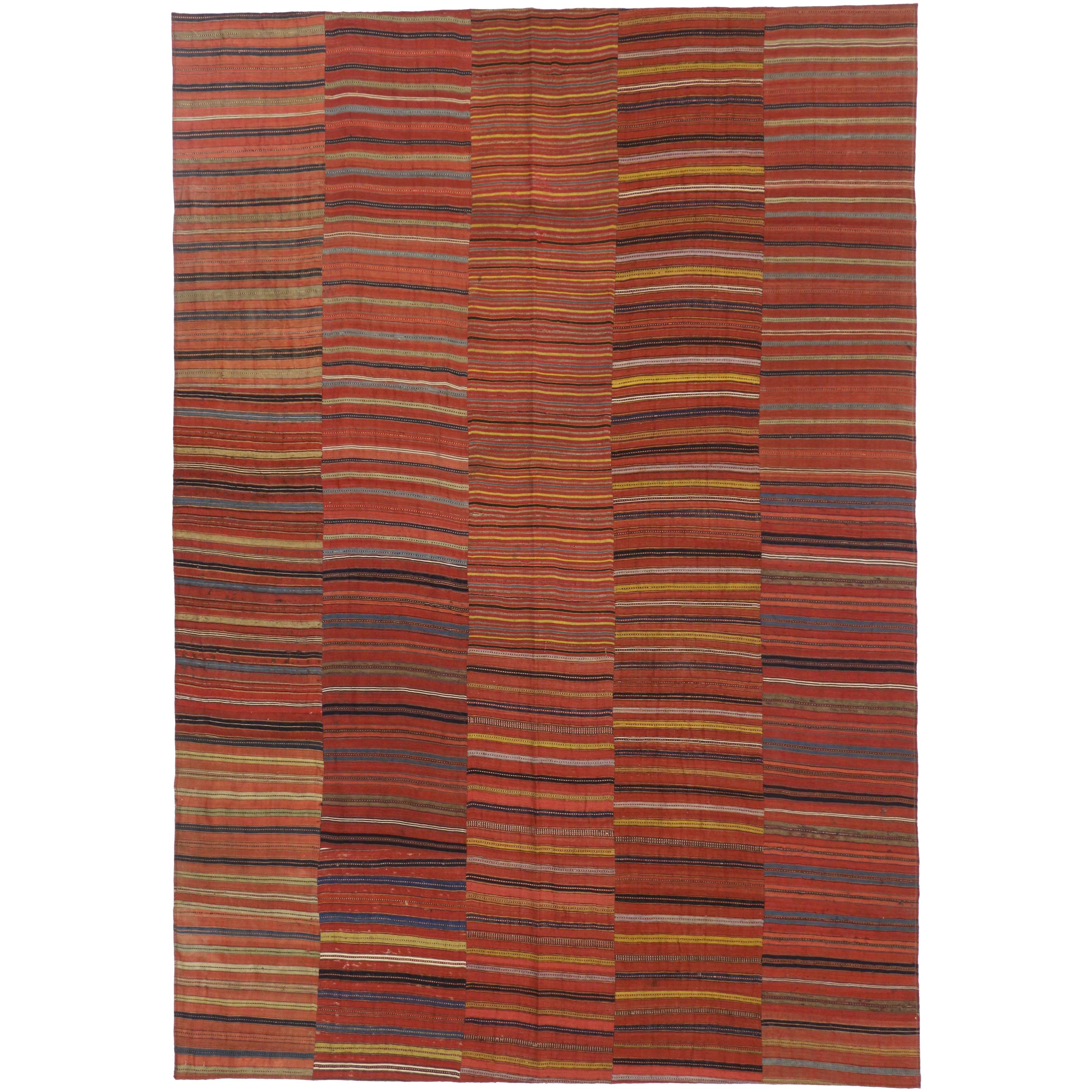 Distressed Vintage Turkish Kilim Rug with Bayadere Stripes and Rustic Style