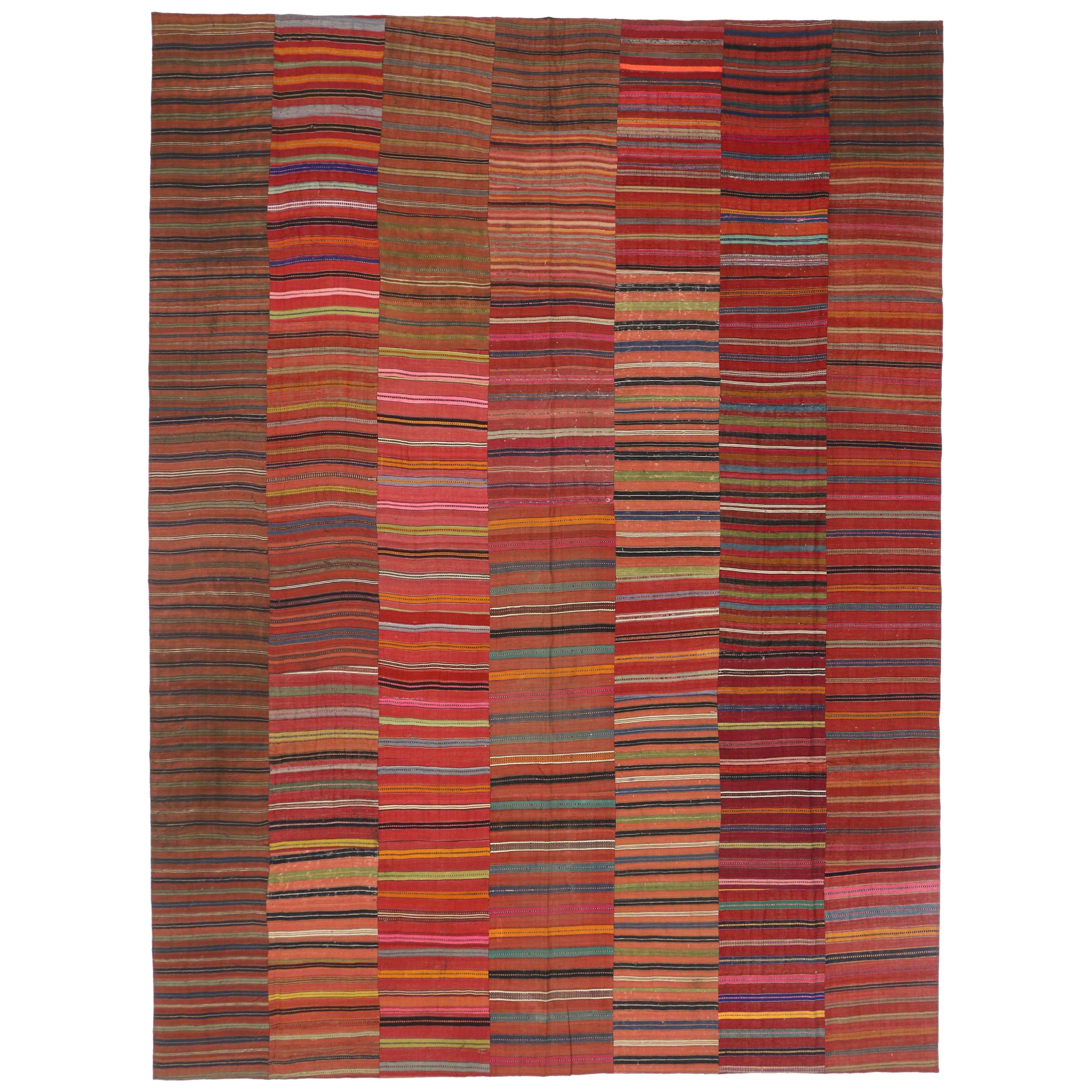 Distressed Vintage Turkish Striped Kilim Rug with Modern Rustic Cabin Style  For Sale