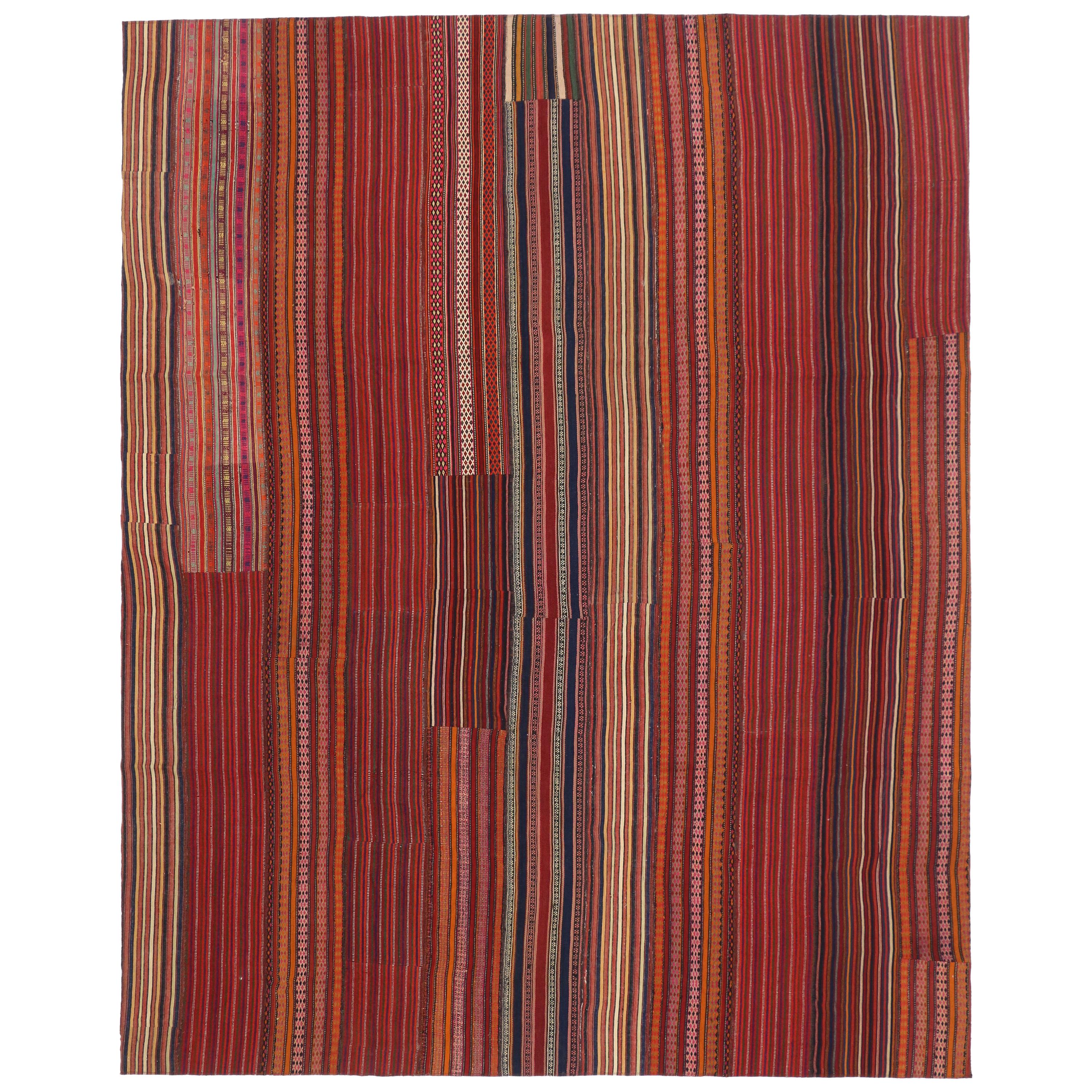 Modern Venetian Vintage Turkish Jajim Kilim Flat-weave Rug, Striped Area Rug