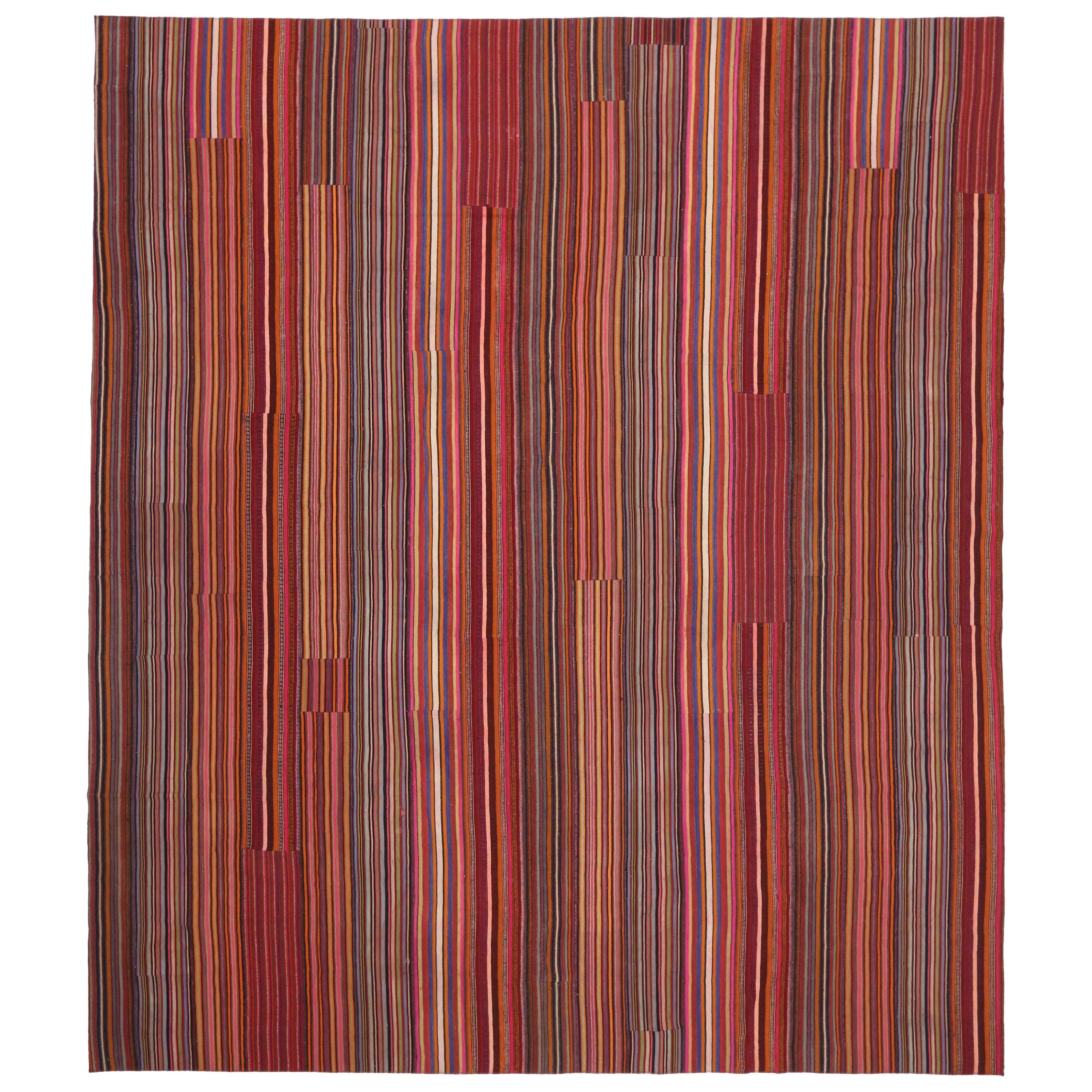 Distressed Vintage Turkish Striped Kilim Rug with Modern Rustic Cabin Style