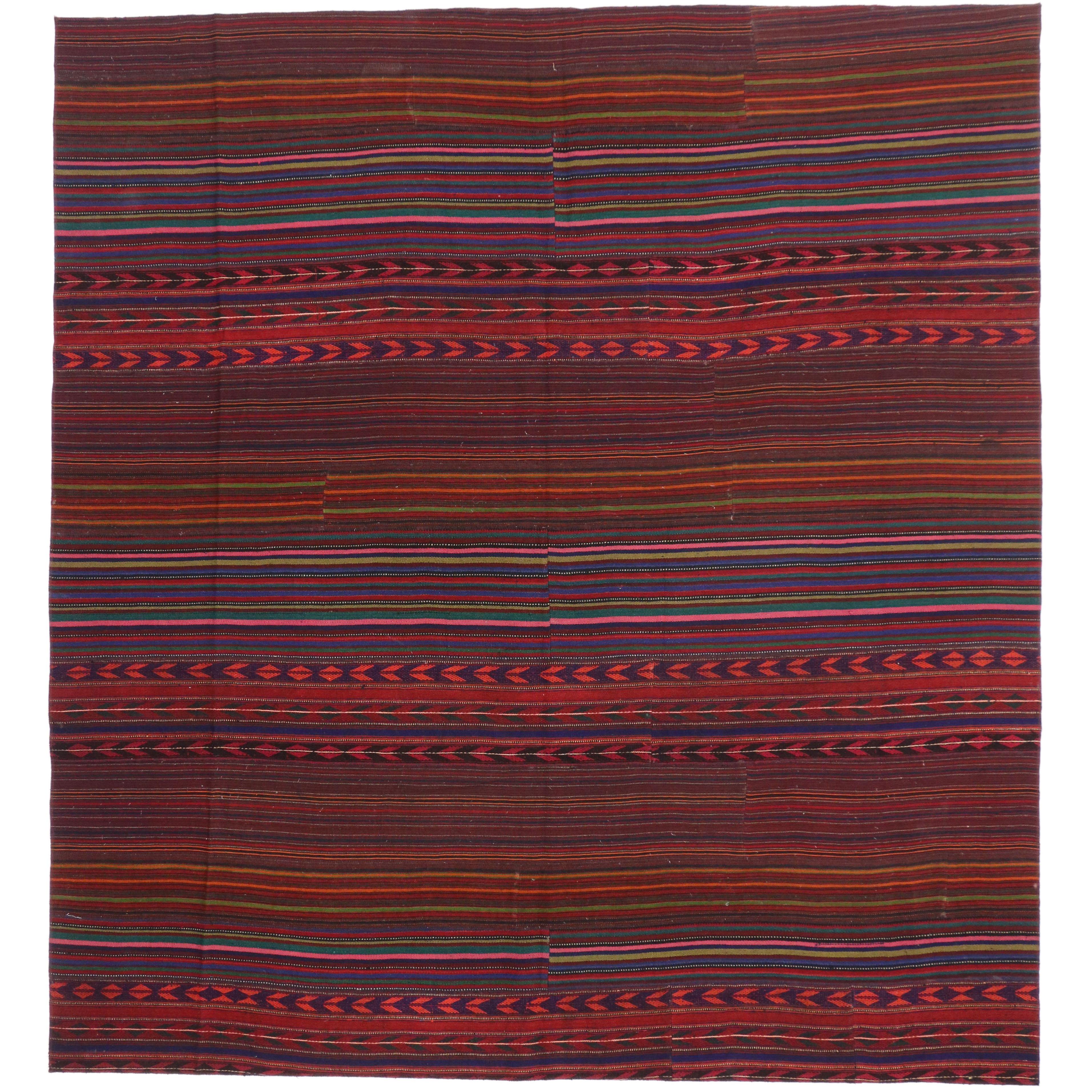 Contemporary Bohemian Vintage Turkish Jajim Kilim Rug, Striped Area Rug