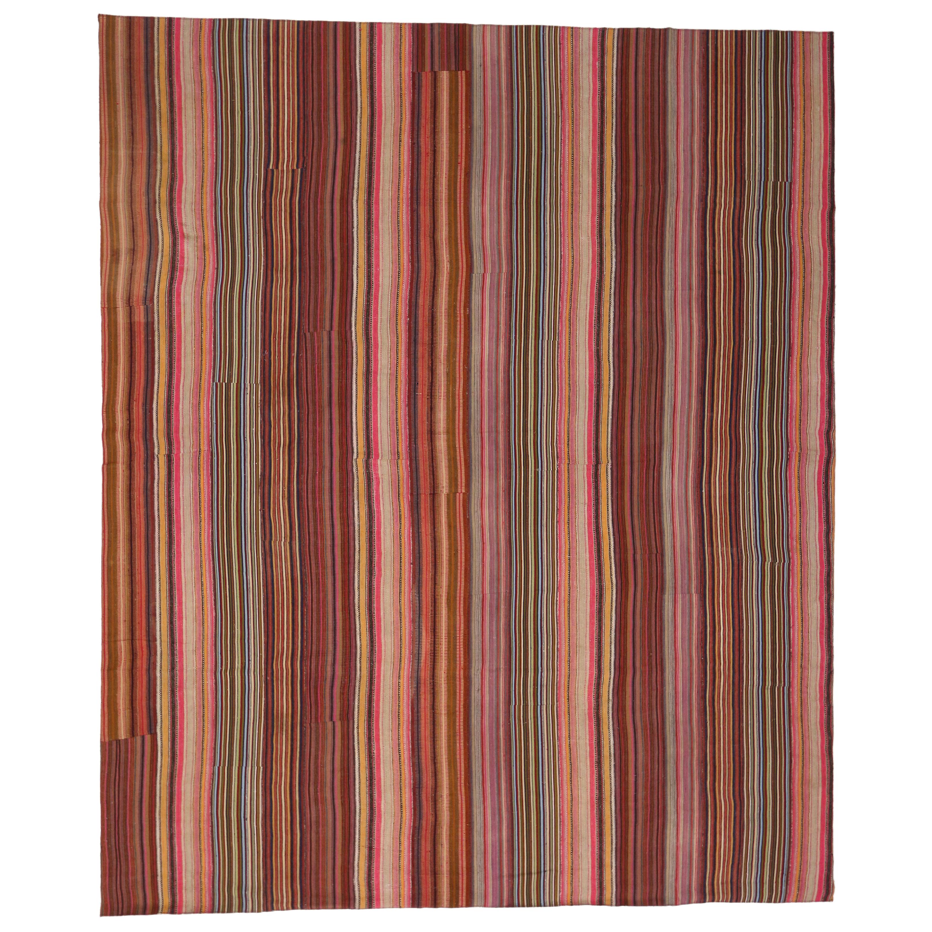 Vintage Turkish Striped Kilim Rug with Modern Rustic Cabin Style For Sale
