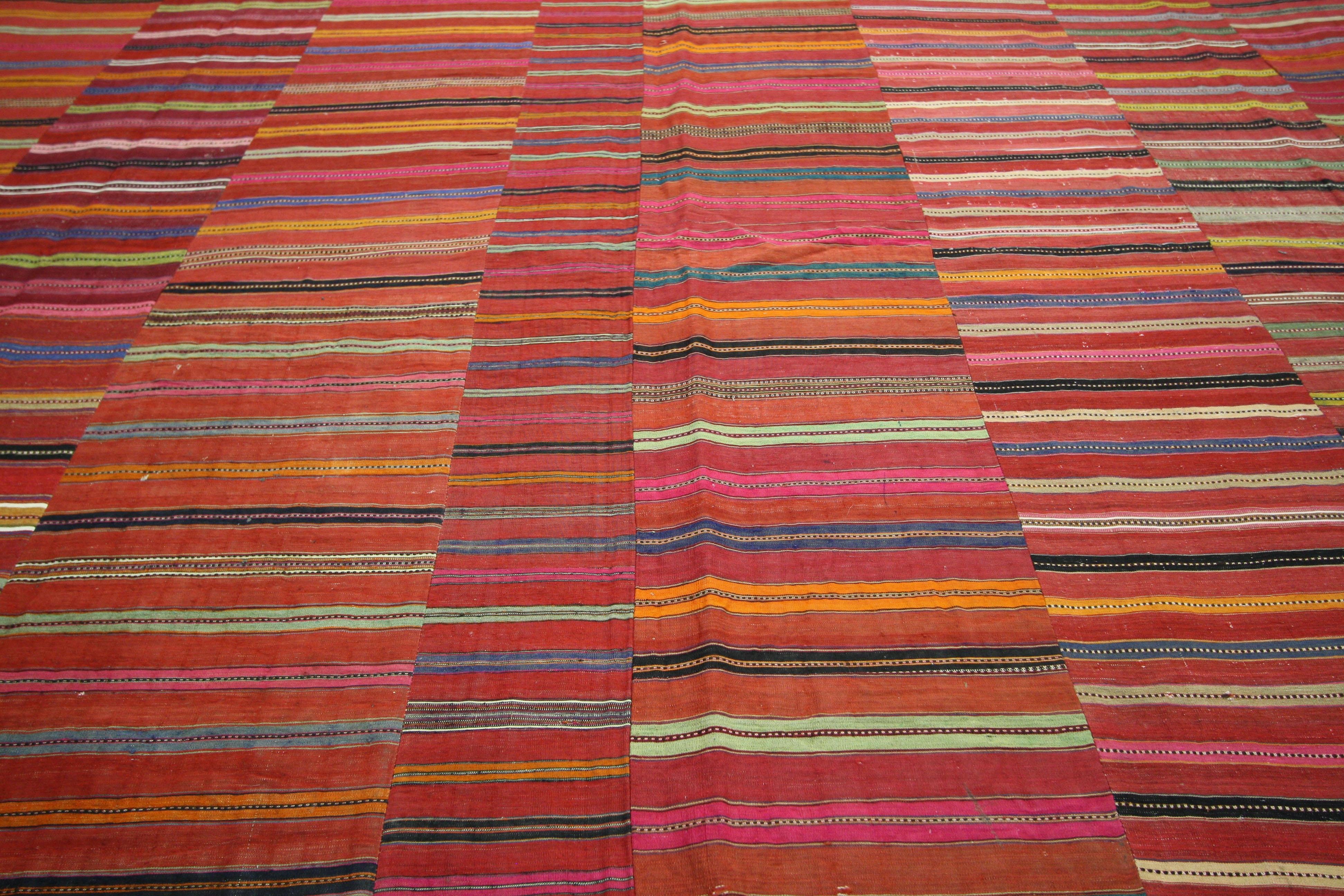 Industrial Distressed Vintage Turkish Kilim Rug with Bayadere Stripes and Rustic Style