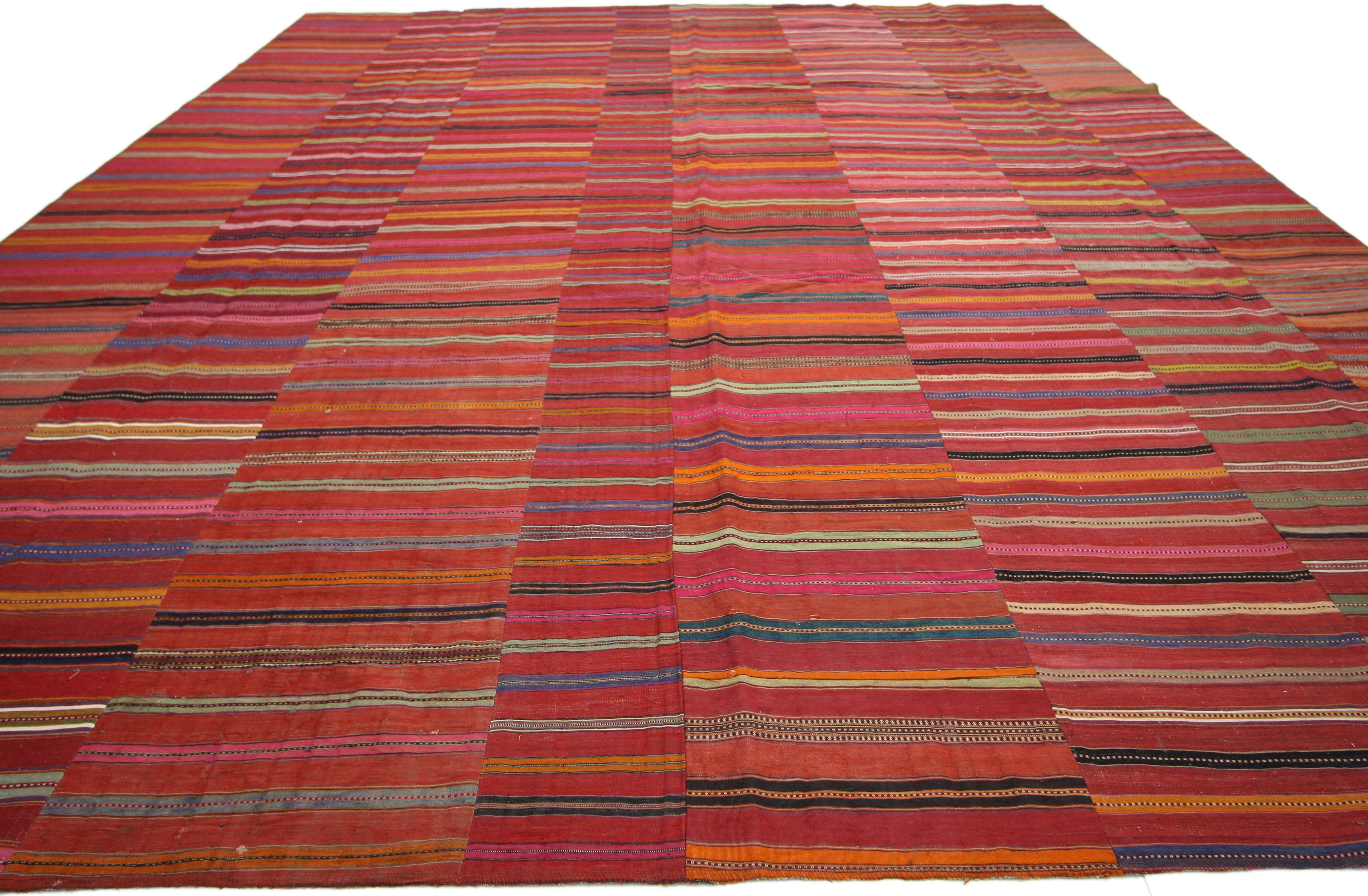 Hand-Woven Distressed Vintage Turkish Kilim Rug with Bayadere Stripes and Rustic Style