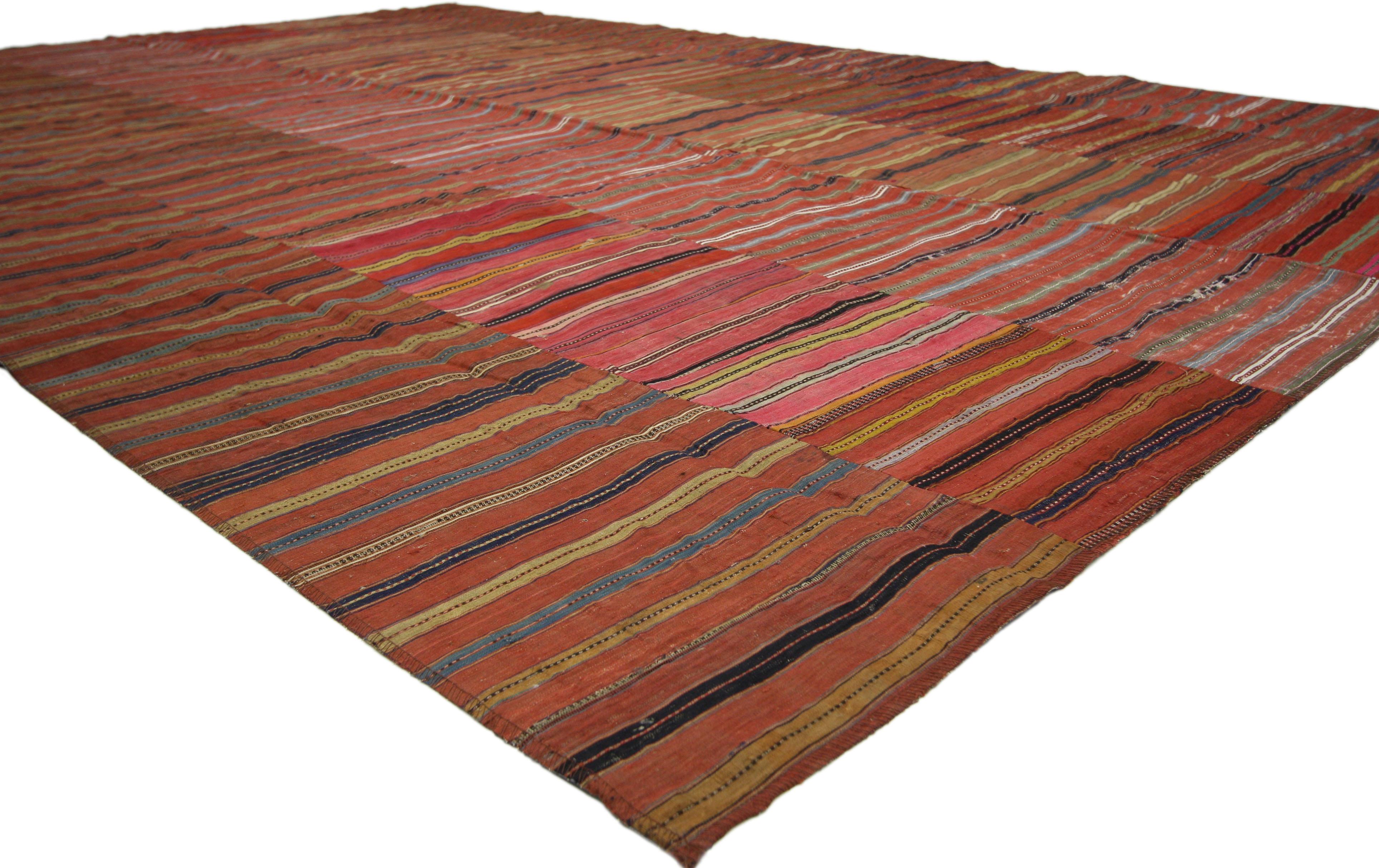 ​​60652 Distressed Vintage Turkish Striped Kilim Rug with Modern Rustic Cabin Style 08'00 x 11'10.​ With its rustic sensibility and rugged beauty, this hand-woven wool vintage Turkish striped kilim rug manages to meld contemporary, modern, and