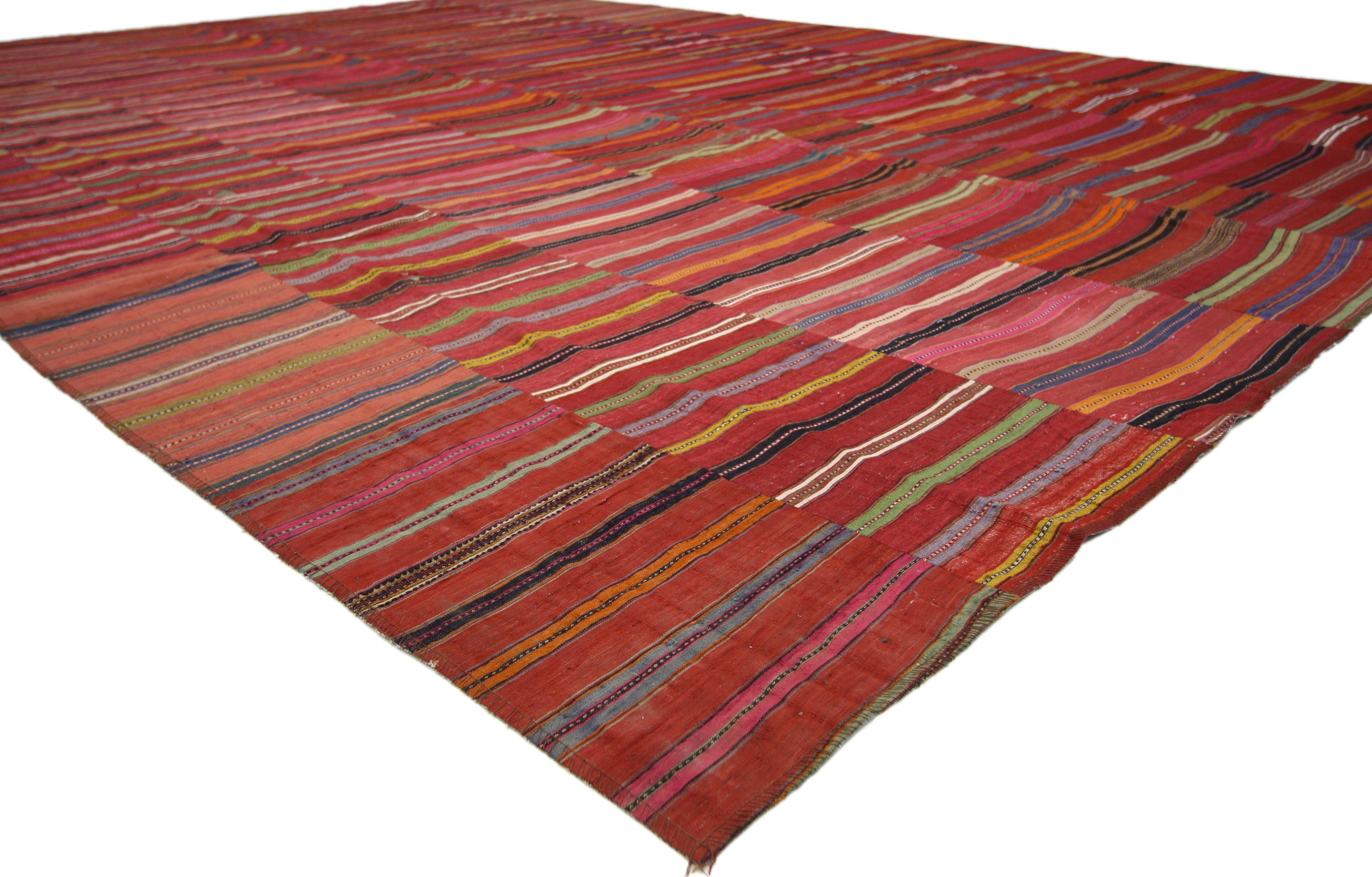 60650 Distressed Vintage Turkish Kilim Rug with Bayadere Stripes and Rustic Style, Striped Kilim Area Rug. This handwoven wool vintage Turkish Kilim Jajim Kilim rug features a variety of colorful Bayadere stripes composed of both wide and narrow