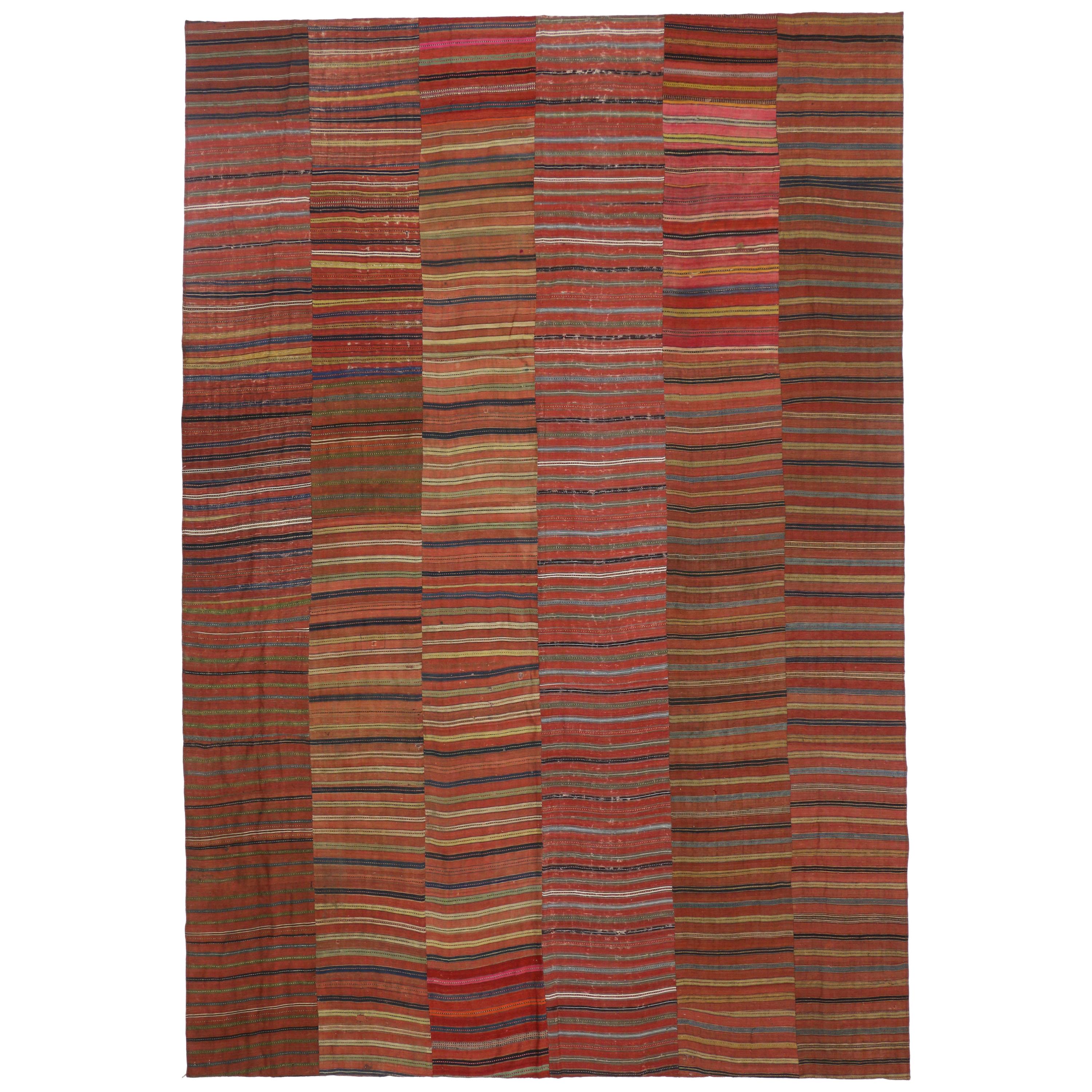 Distressed Vintage Turkish Striped Kilim Rug with Modern Rustic Cabin Style 