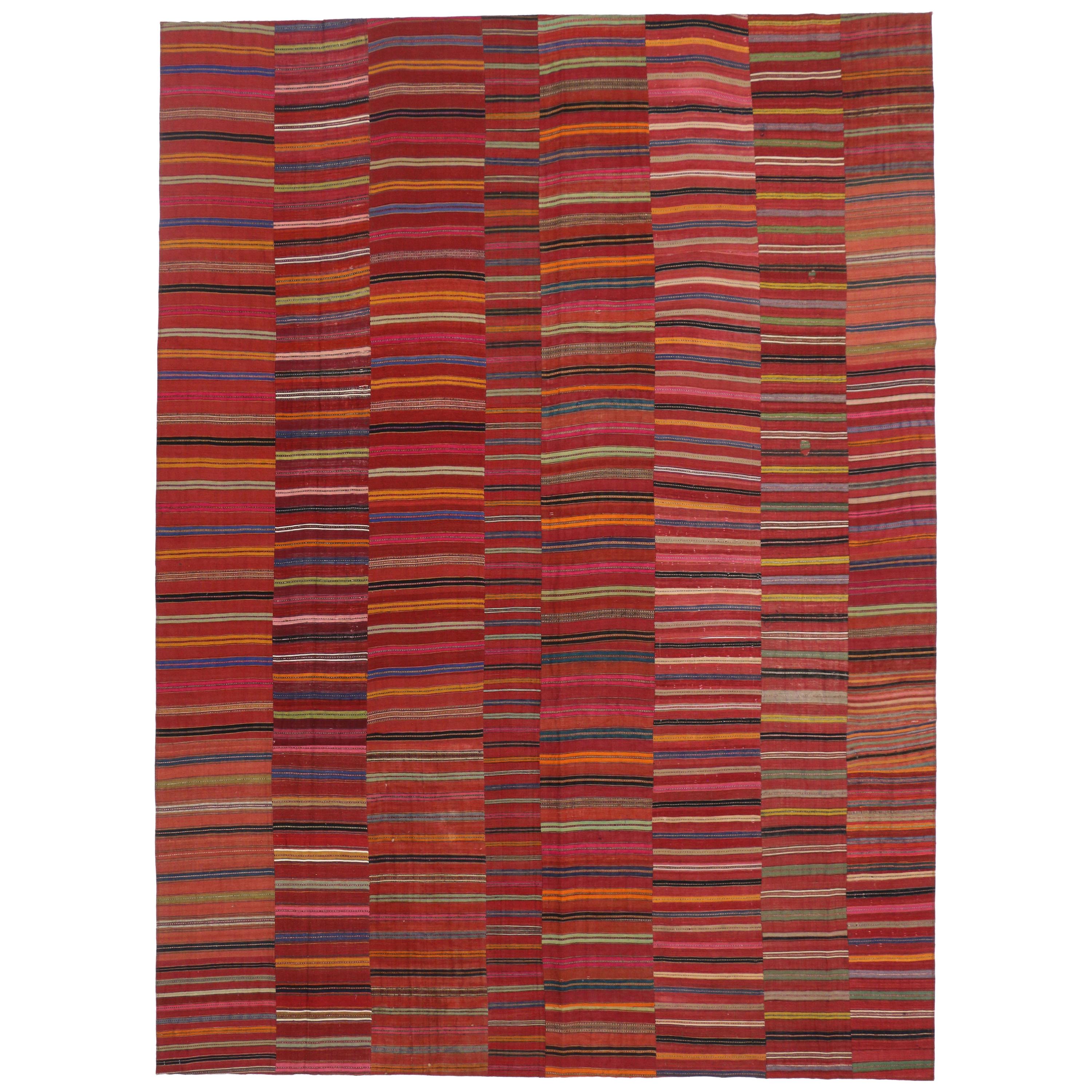 Distressed Vintage Turkish Kilim Rug with Bayadere Stripes and Rustic Style